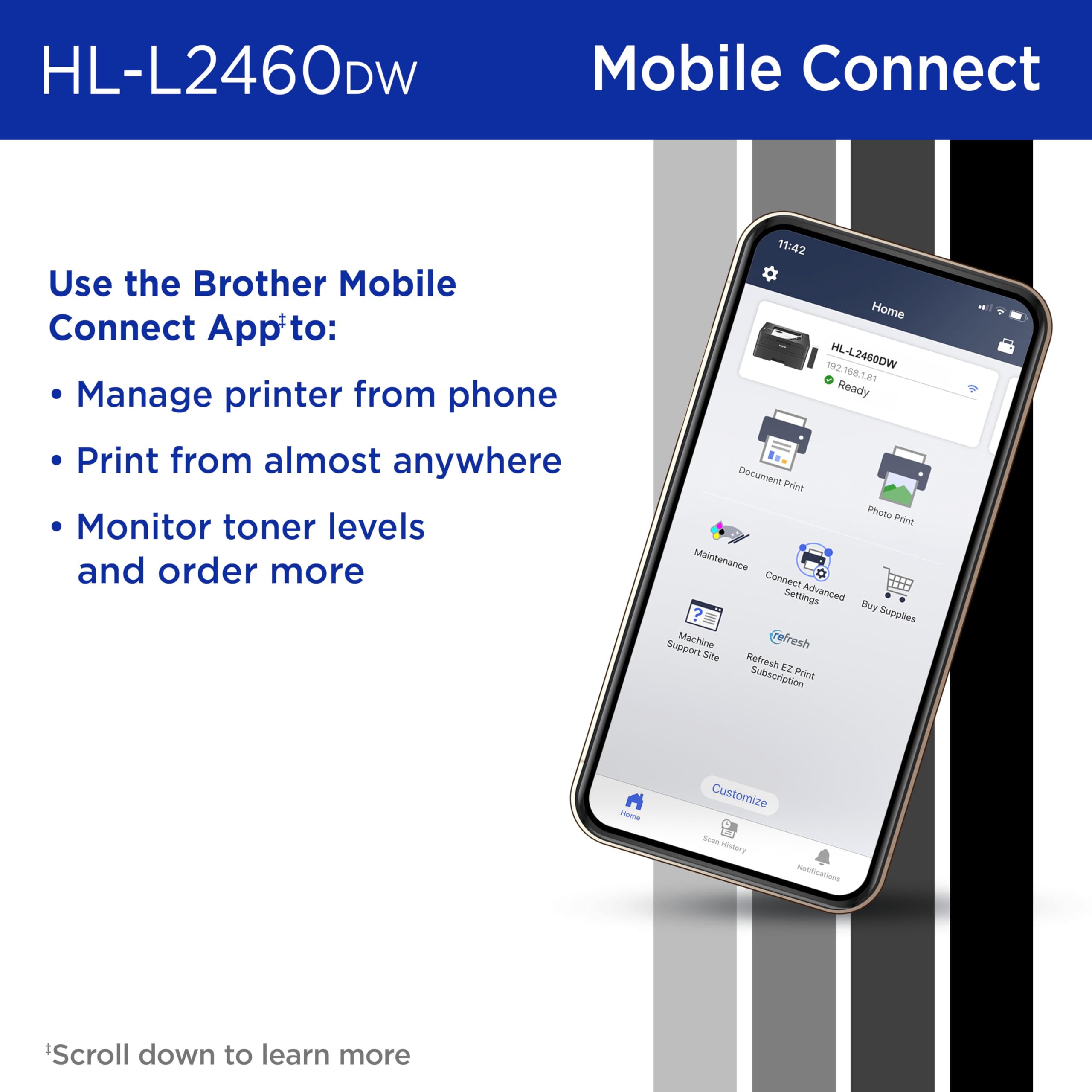 Brother HL-L2460DW Wireless Compact Monochrome Laser Printer with Duplex, Mobile Printing, Black & White Output | Includes Refresh Subscription Trial(1), Works with Alexa