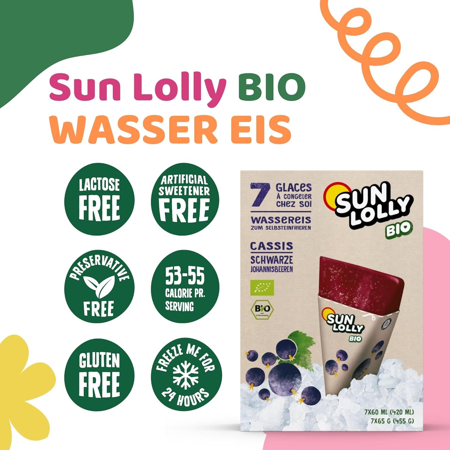 Sun Lolly Bio Wassereis Schwarze Johannisbeere 12er Vorratspack | Mit Fruchtsaft | Zum Selbsteinfrieren | Ohne künstliche Aromen | Frei von Süßungsmittel | Vegan | 12 x 420ml