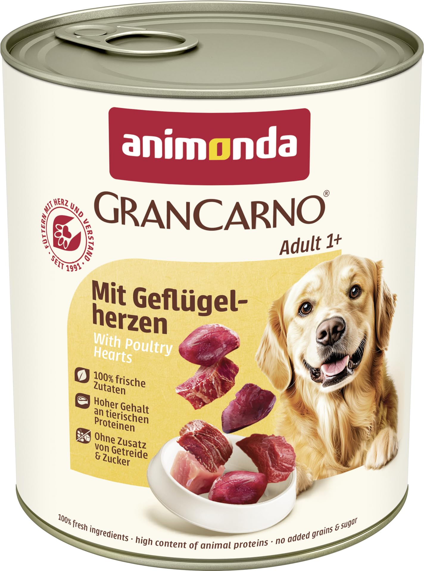 animonda GranCarno Hunde Nassfutter mit Rind + Entenherzen (6 x 800 g), getreidefreies Hundenassfutter ohne Zucker, für ausgewachsene Hunde, mit frischen fleischigen Zutaten