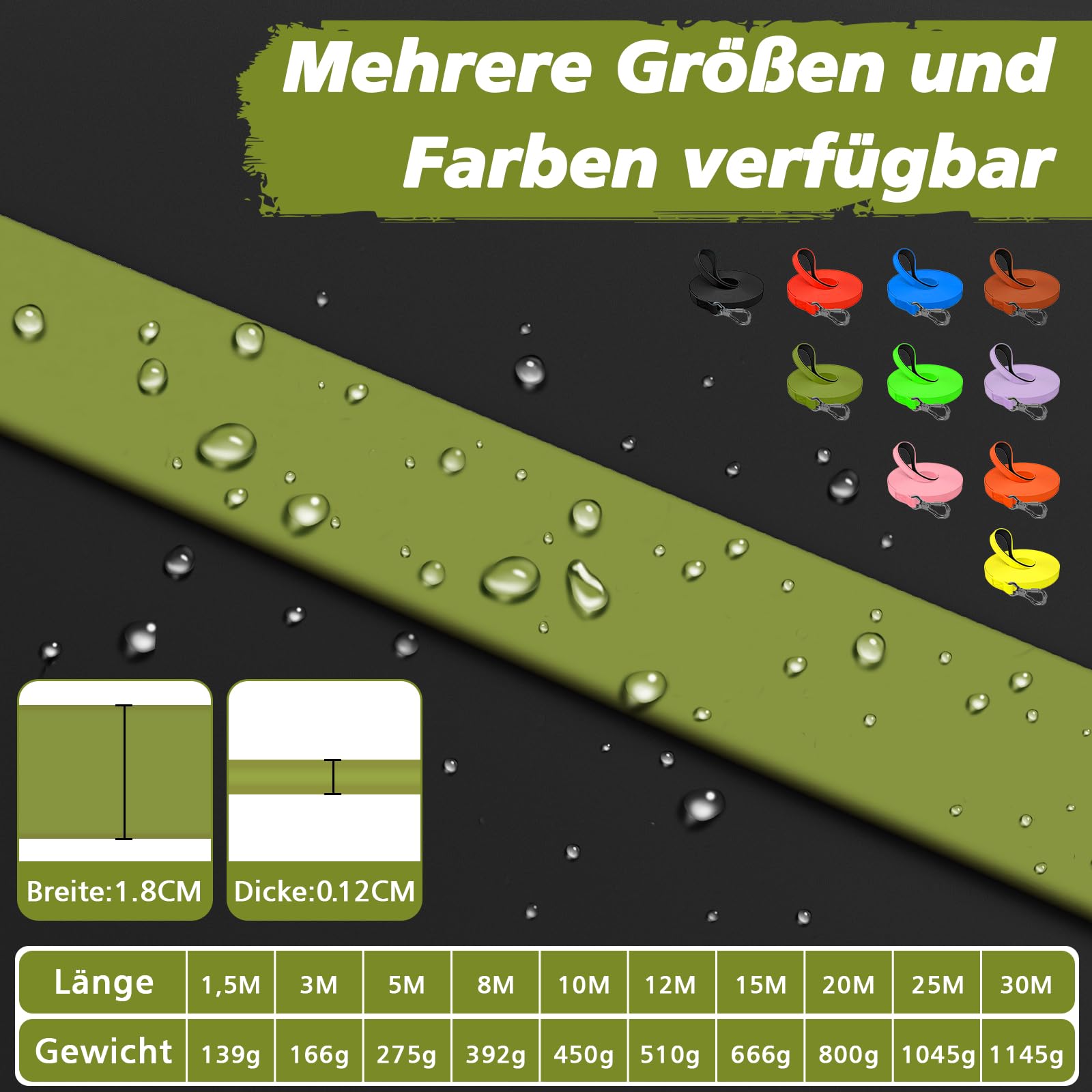 X XBEN Wasserdicht Schleppleine für Hunde,3M 5M 10M 15M 20M 30M Gummierte Schleppleine mit Abschließbarer Karabine,Wasserfest Hundeleine Laufleine für Große bis Kleine Hunde,Robuste Trainingsleine