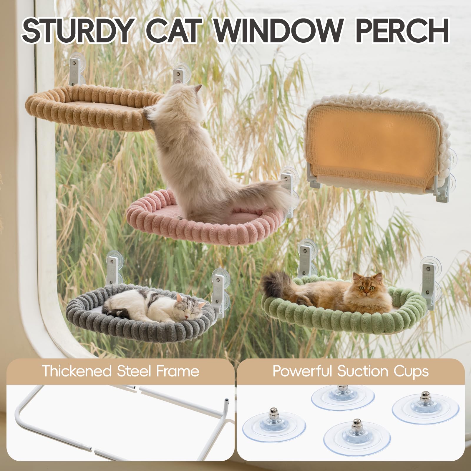 EDAGNY Katzen Fensterliege Hängematte Weich mit Abnehmbarem Wendebezug - Katzen Hängematte Fenster mit Stabiles Stahlgestell Halt bis 18kg, Creme M