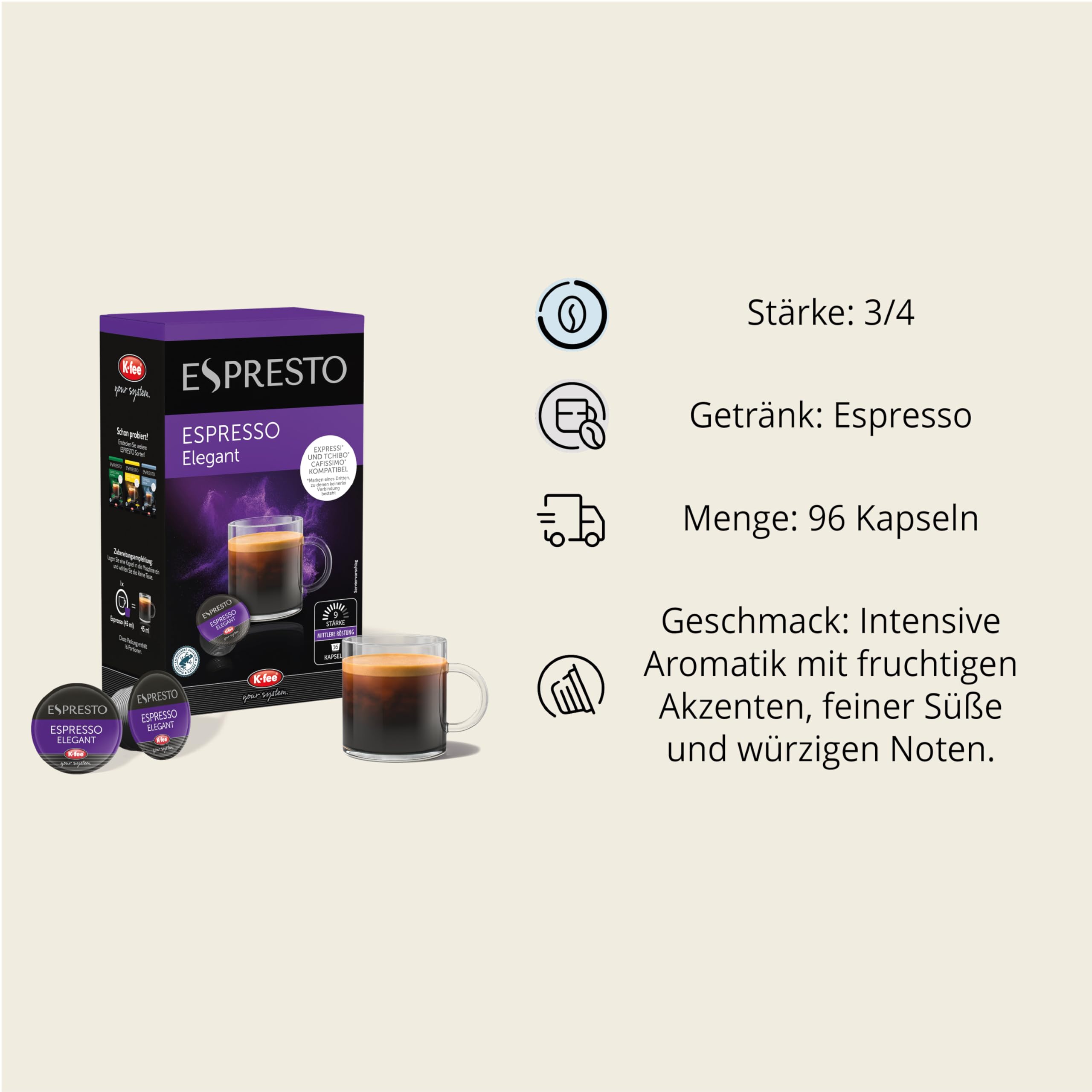 ESPRESTO Caffè Crema Classic, kompatibel mit K-fee & Aldi EXPRESSI*, RFA zertifiziert, 96 Kaffeekapseln