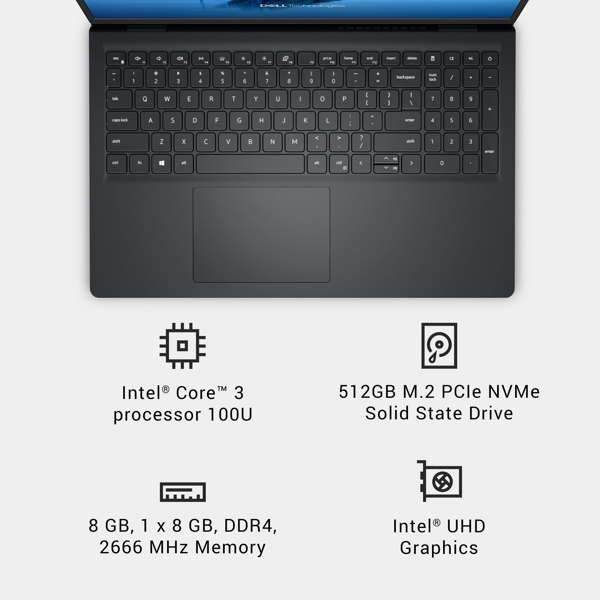 Dell 15 Laptop DC15250-15.6-inch FHD 120Hz Display, Intel Core 3 Processor 100U, 8GB DDR4 RAM, 512GB SSD, Intel UHD Graphics, Windows 11 Home, Onsite Service - Carbon Black