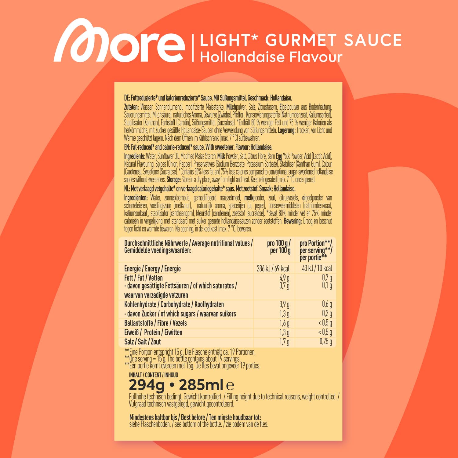 MORE NUTRITION Light Gourmet Sauce, 285ml - BBQ, kalorienreduzierte Sauce, ohne Zuckerzusatz und unnötigem Fett