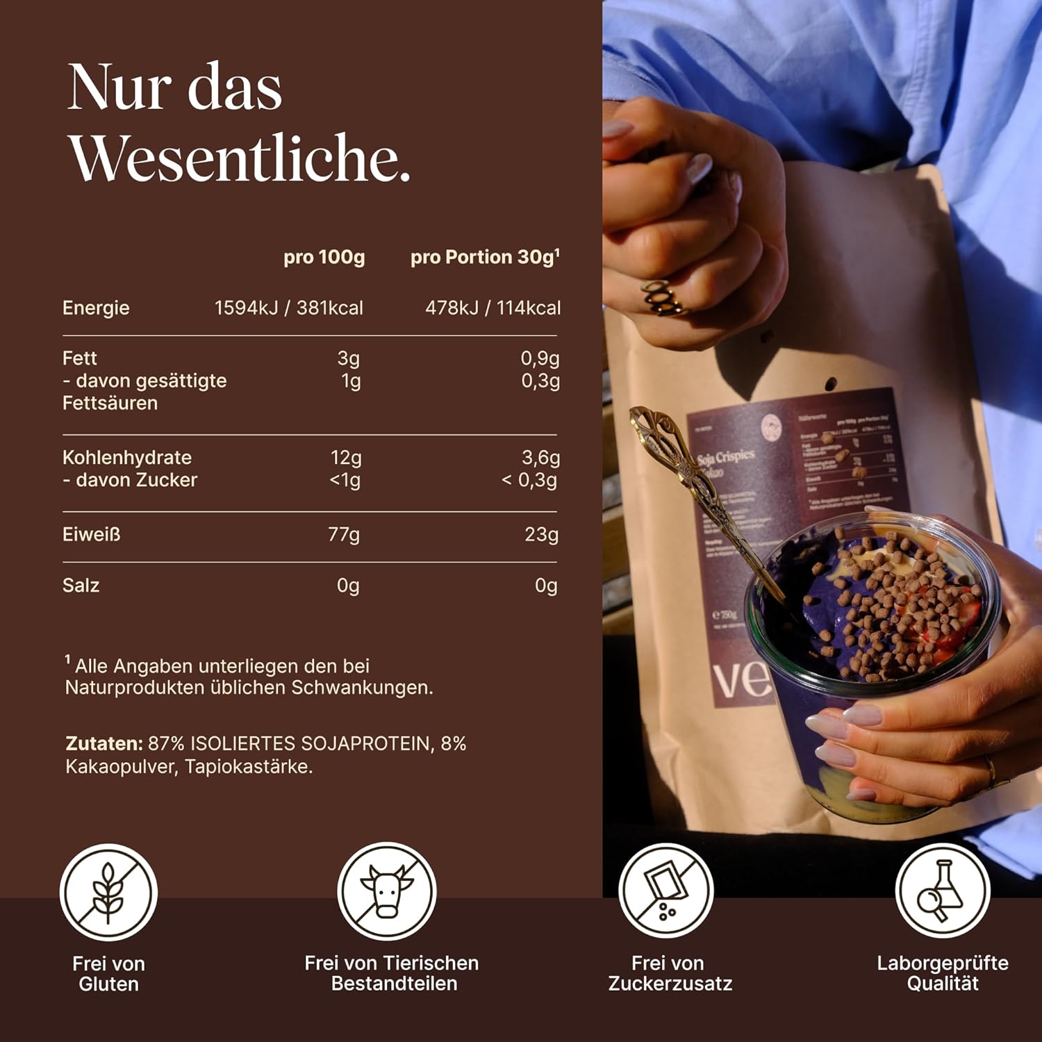 VETAIN Soja Crispies Kakao - 750g - 77% Proteingehalt - Vegan - Ohne Zucker & laktosefrei - Sojaprotein ideal als Topping oder proteinreiche Snackalternative - produziert in Deutschland