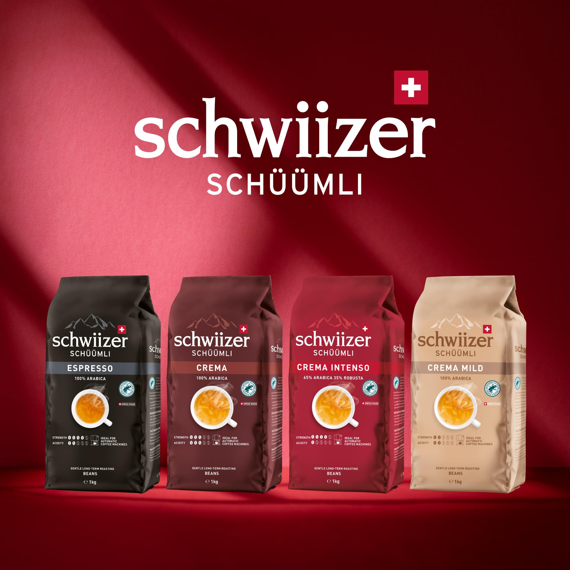 Schwiizer Schüümli Espresso, 100% Arabica Kaffeebohnen, kräftig-intensiv, ideal für Vollautomaten, Stärke 4/5, mittlere Röstung, Rainforest Alliance, 1kg