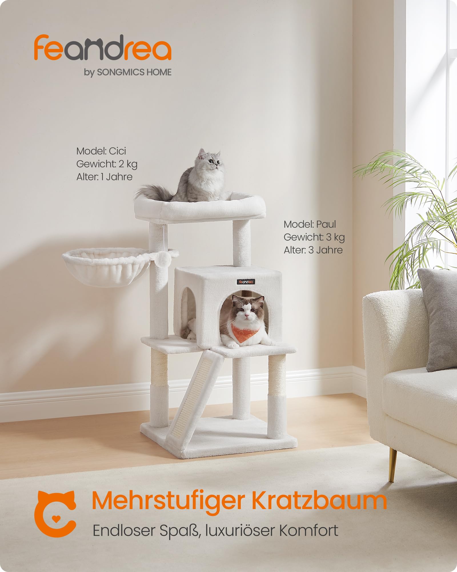 Feandrea Kratzbaum, 96 cm hoch, Katzenbaum mit großer Plattform, Katzenkratzbaum mit Katzenhöhle, Hängematte, Kratzrampe, Plüschball, weicher Plüsch, hellgrau PCT51W