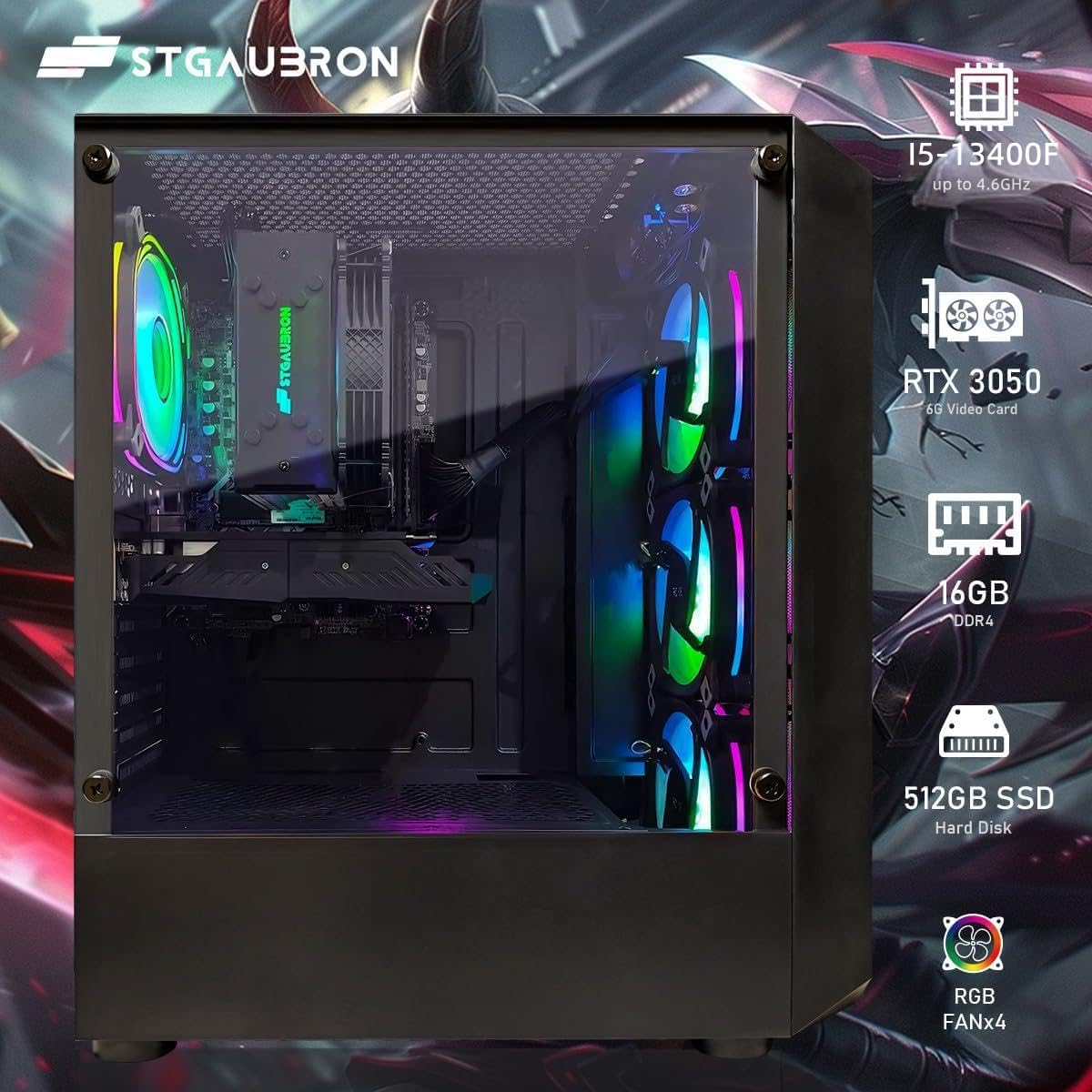 STGAubron Prebuilt Gaming PC Desktop, Radeon RX 550 4G, Intel Core i5 up to 3.6GHz, 16G RAM, 512G SSD, WiFi 6, BT 5.0, RGB Fan x2, Windows 11 Home