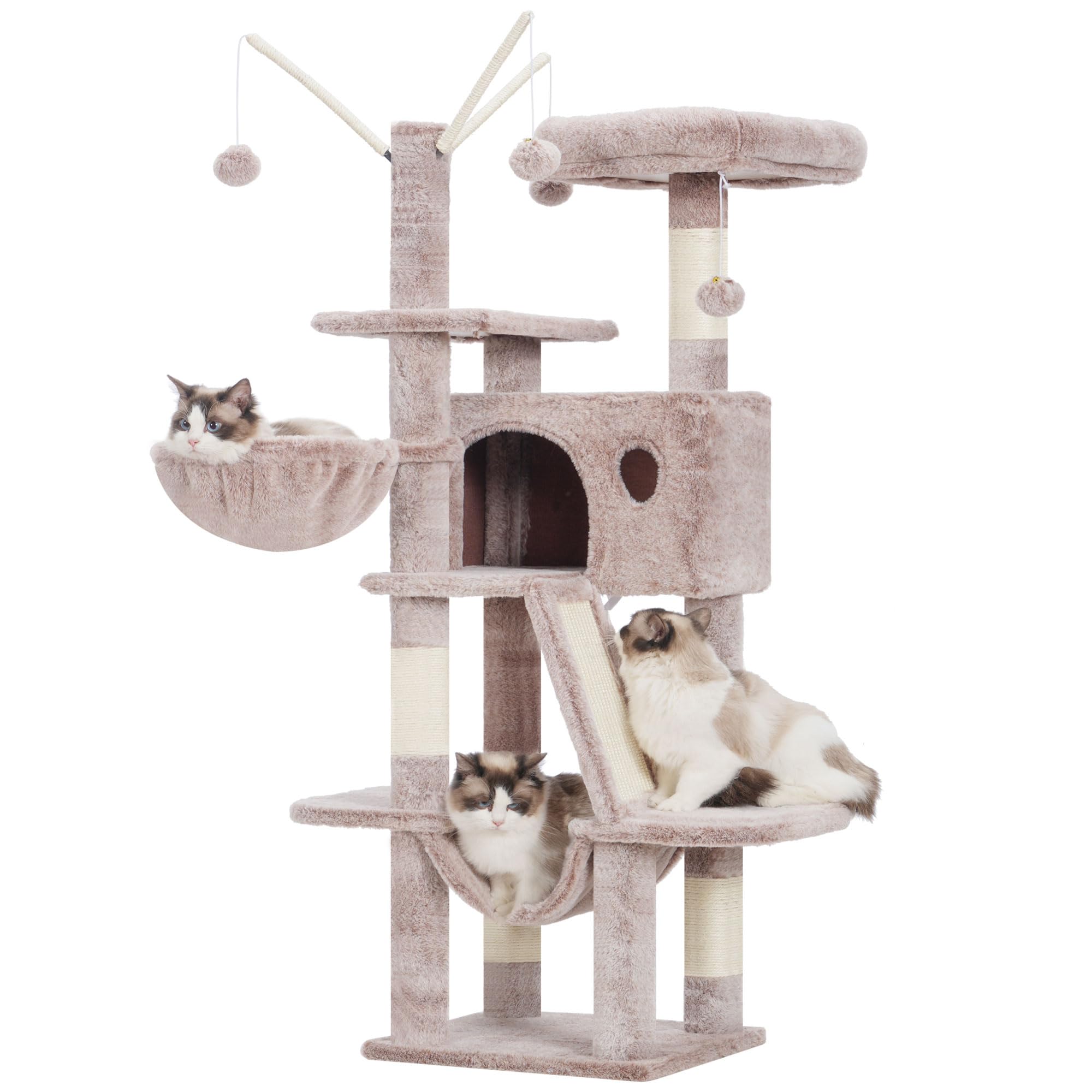 Hey-Brother Kratzbaum, 135 cm Indoor Katzenbaum, Mit gepolsterter Plattform Bett, Spielzeug Ball, Höhlen, Hängematte und Sisal Kratzbaum Katzenhaus, Hellgrau MPJ019-SW