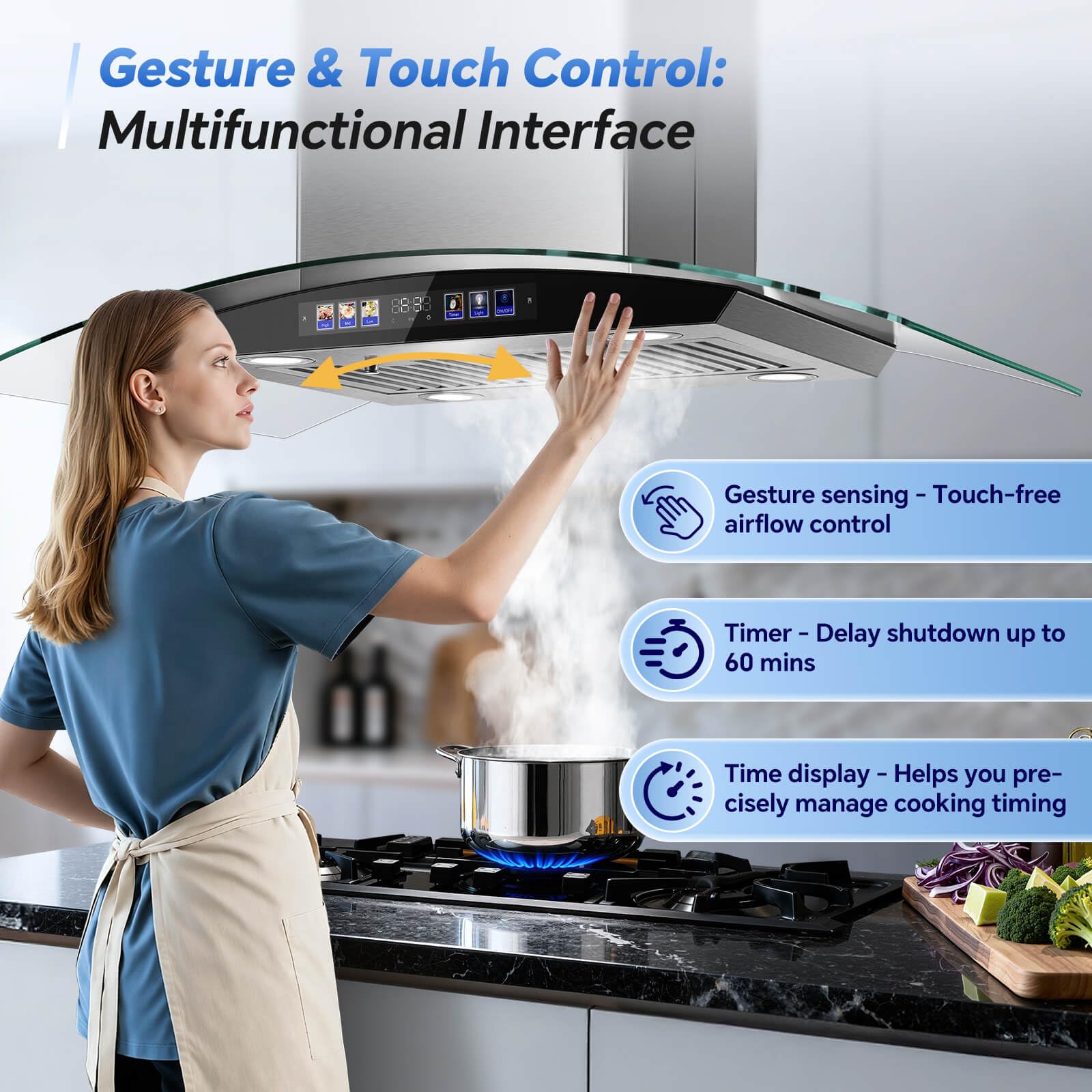 JOEAONZ Island Range Hood 30 Inch 700 CFM Gesture & Touch Control Ceiling Mount Stainless Steel Kitchen Vent Hood, Kitchen Exhaust Hood, Ducted/Ductless Convertible 3-speed Ventilation Fan Switchable
