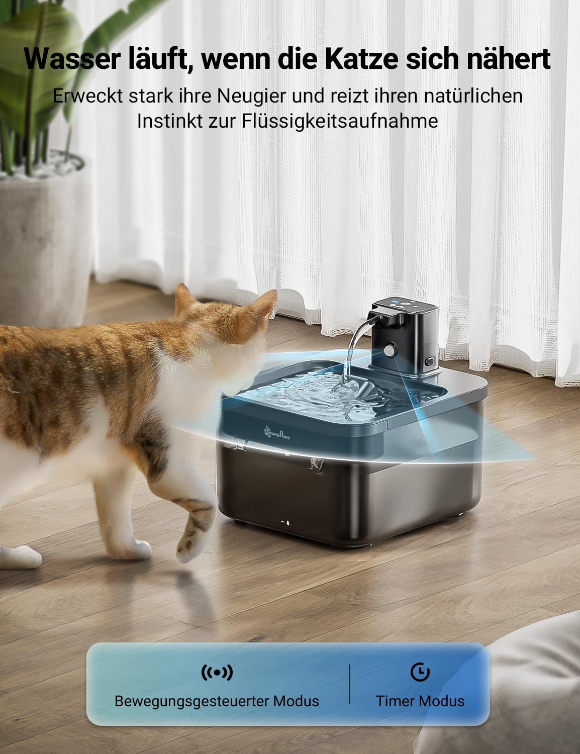 DownyPaws 2.5L Trinkbrunnen für Katze Kabellos, Katzenbrunnen Kabellos mit Bewegungsmelder, Batteriebetrieben Katzentrinkbrunnen, 4000mAh, Leise Wasserpumpe, Tablett aus Edelstahl für Katze, Schwarz