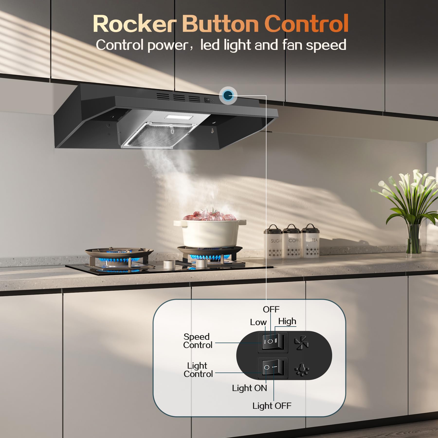 Range Hood 30 inch Under Cabinet, Stainless Steel Kitchen Vent Hood 280CFM, Built-in Kitchen Stove Hood w/Rocker Button Control, Ducted/Ductless Convertible Duct, 2 Speeds Fan, Bright LED Light