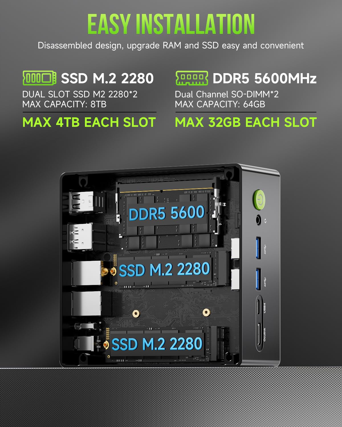 GMKtec K12 Gaming Mini PC Oculink AMD Ryzen 7 H 255 (Upgraded 8745HS) 32GB DDR5 RAM 512GB SSD, Desktop Computer Radeon 780M Graphics, 3X M.2 2280 Storage Expansion, Dual NIC 2.5G, HDMI 2.1, USB4