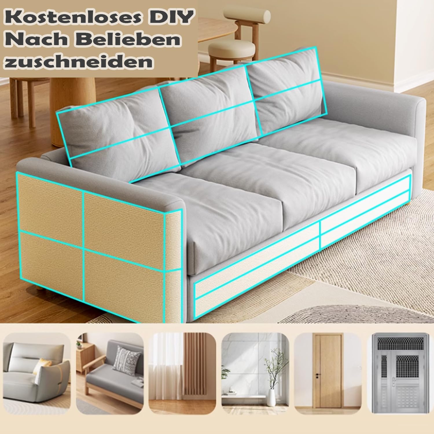 200cmx40cm Selbstklebend Kratzmatte, DIY Kratzbrett, Kratzschutz Sofa, Katzenkratzmatte, AntiKratz Tape für Katzenständer, Holzgriff, Katzenturm