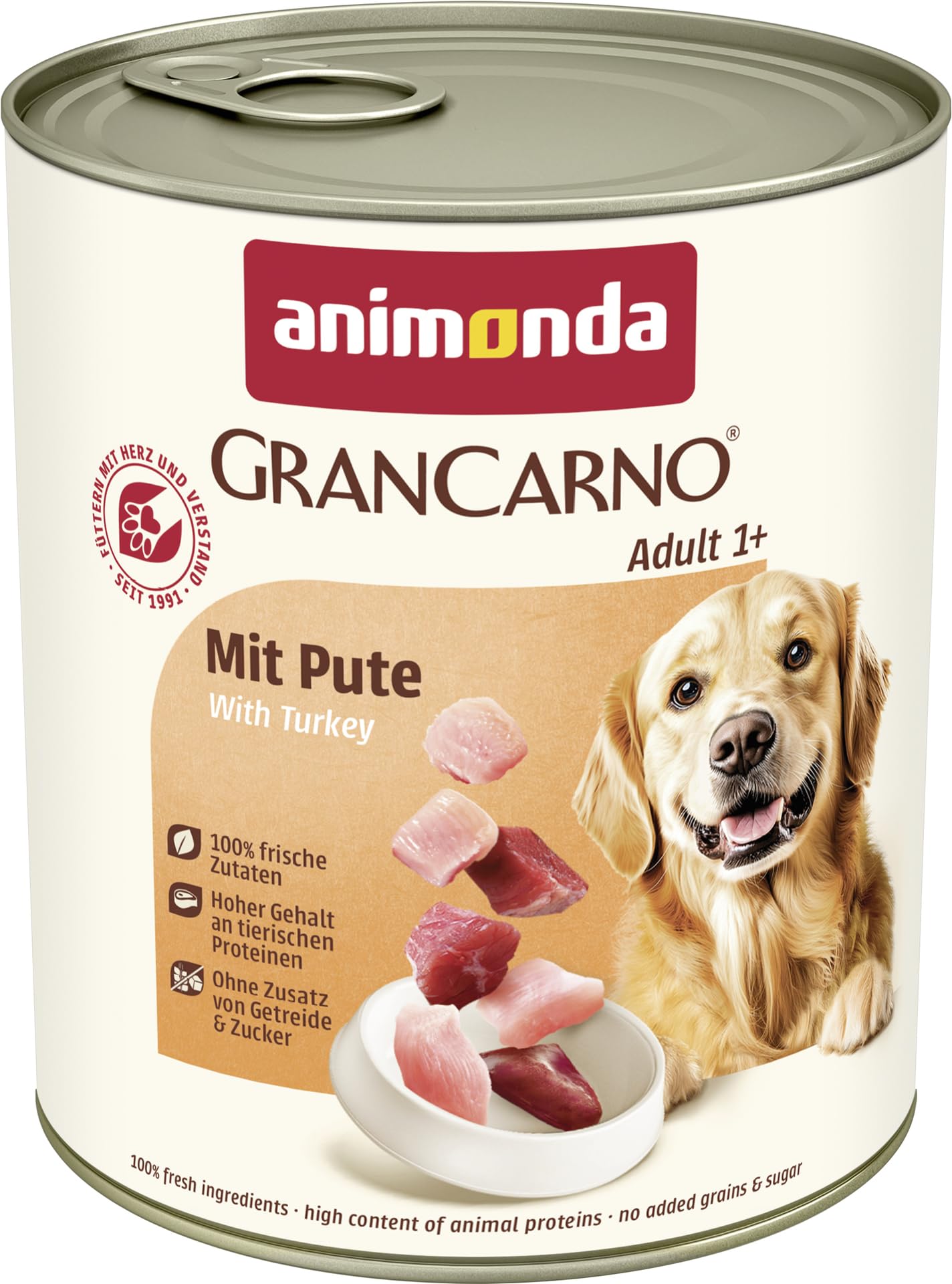 animonda GranCarno Hunde Nassfutter mit Rind + Entenherzen (6 x 800 g), getreidefreies Hundenassfutter ohne Zucker, für ausgewachsene Hunde, mit frischen fleischigen Zutaten