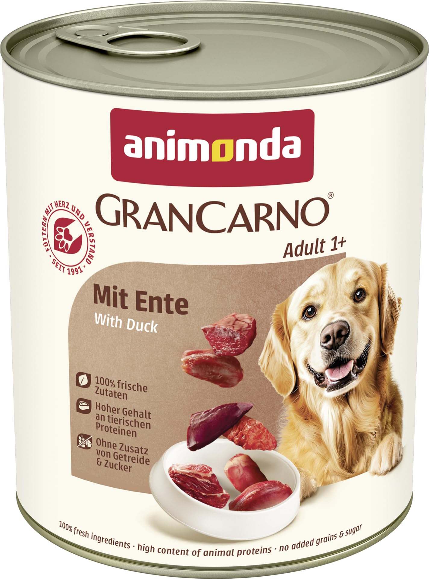 animonda GranCarno Hunde Nassfutter mit Rind + Entenherzen (6 x 800 g), getreidefreies Hundenassfutter ohne Zucker, für ausgewachsene Hunde, mit frischen fleischigen Zutaten
