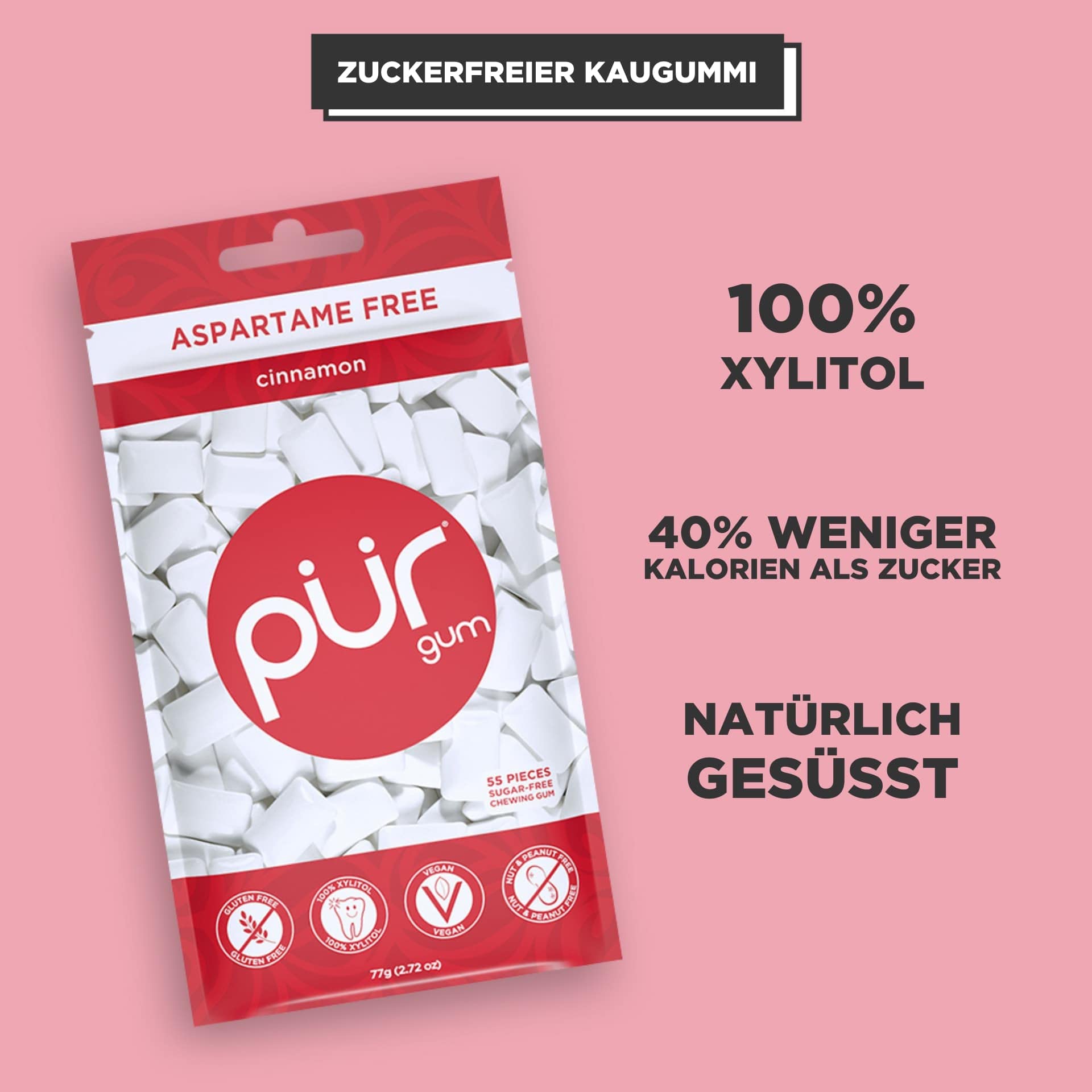 PUR Gum | Zuckerfreier Kaugummi | Mit Xylit | Vegan, Aspartamfrei & Glutenfrei | Natürlicher Kaugummi Mit Spearmint-Geschmack, 55 Stück (3er Pack)