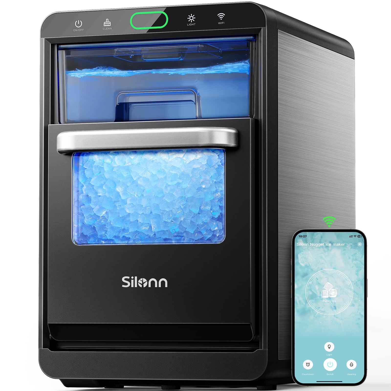 Silonn Ice Maker Countertop, Portable Ice Machine with Carry Handle, Self-Cleaning Ice Makers with Basket and Scoop, 9 Cubes in 6 Mins, 26 lbs per Day, Ideal for Home, Kitchen, Camping, RV