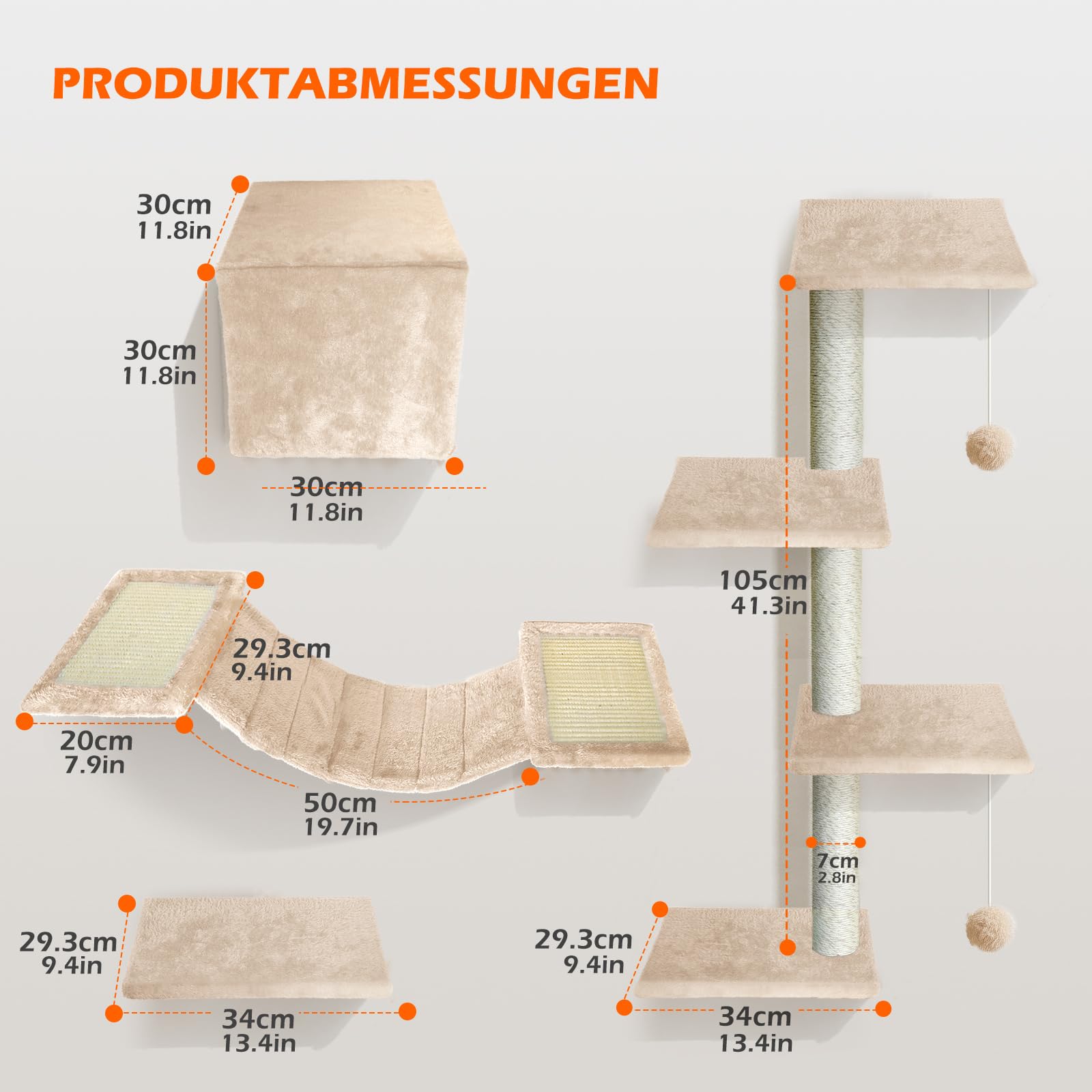 Kletterwand Katzen 10-teilig, Wandmontage Katzenmöbel Set mit Katzenbrücke, Katzenhaus, Kratzbaum & Hängematte, Stabiler Katzentreppe bis 10 kg, Beige