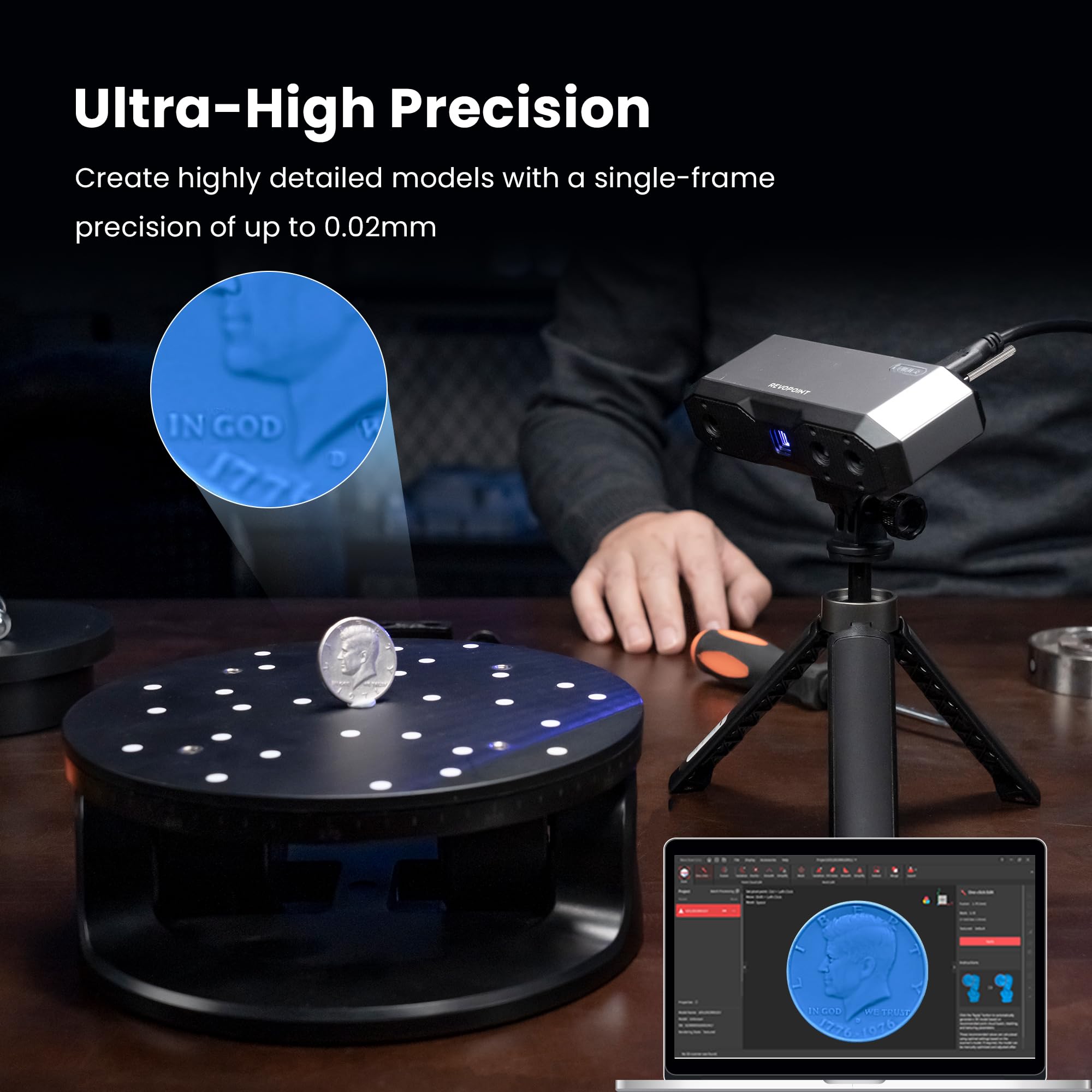 Revopoint MINI 2 3D Scanner for 3D Printing Handheld, Up to 0.02mm Precision, Industrial Blue Light, Full Color Model Scanning for Small Objects, Compatible with Win/Android/iOS/macOS, Standard