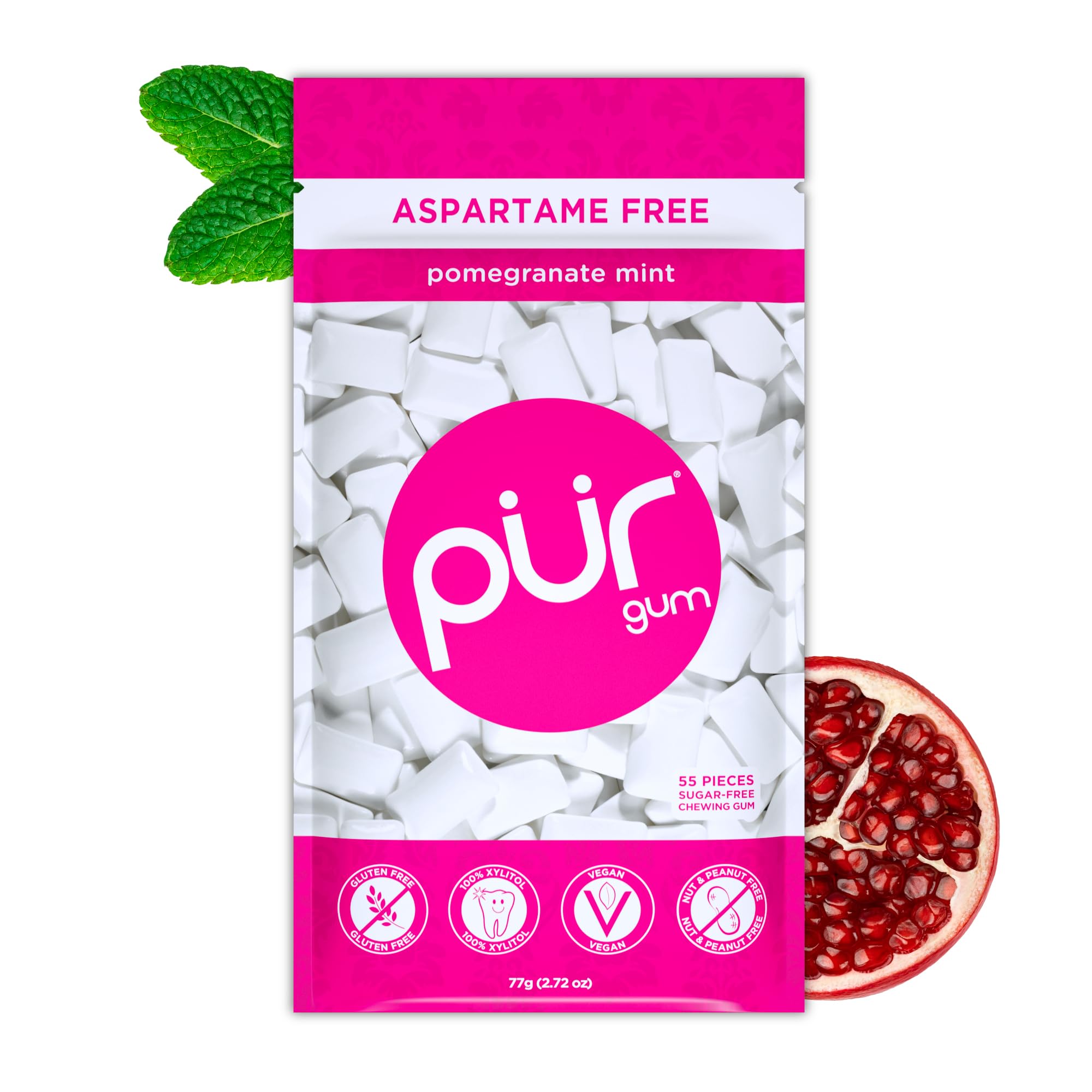 PUR Gum | Zuckerfreier Kaugummi | Mit Xylit | Vegan, Aspartamfrei & Glutenfrei | Natürlicher Kaugummi Mit Spearmint-Geschmack, 55 Stück (3er Pack)