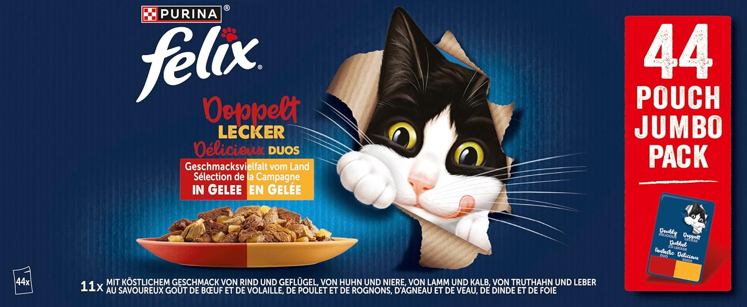 Felix So gut wie es aussieht Geschmacksvielfalt vom Land in Gelee Katzennassfutter, 44er Pack (44 x 85g)