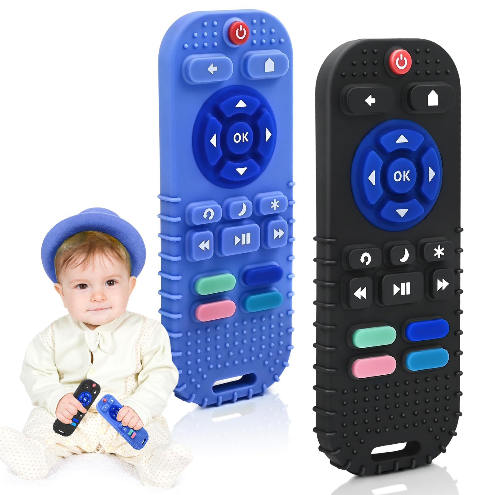 Zahnen Beißringe Spielzeug für Babys 3-6-12 Monate Geschenke, Fernbedienung Baby Zahnungshilfe für 7 8 9 Monate Kleinkind Autismus, Lebensmittelqualität Silikon Badespielzeug, Schwarz