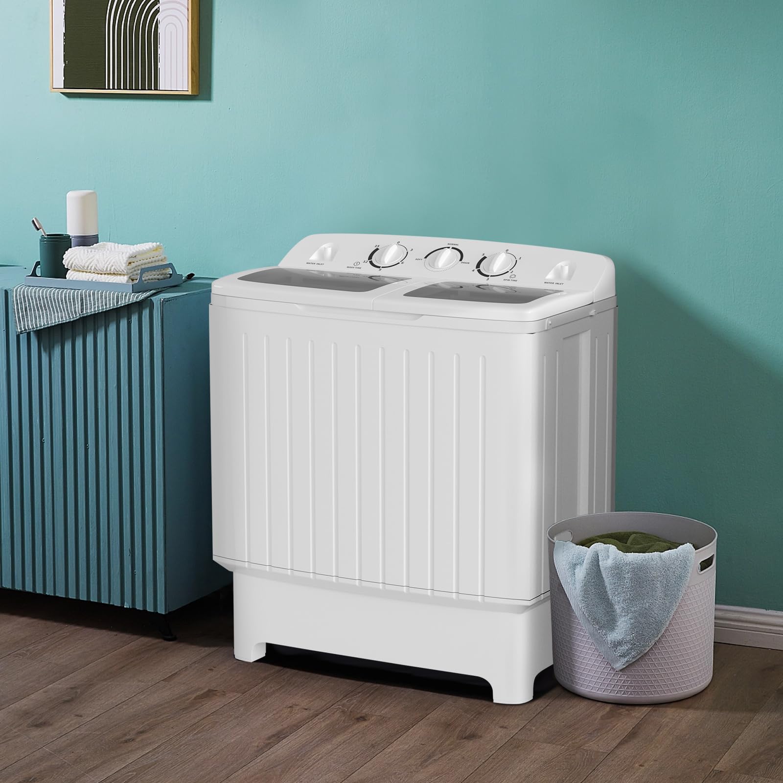 Giantex Portable Mini Compact Twin Tub Washing Machine 20lbs Washer Spain Spinner Portable Washing Machine, Blue+ White