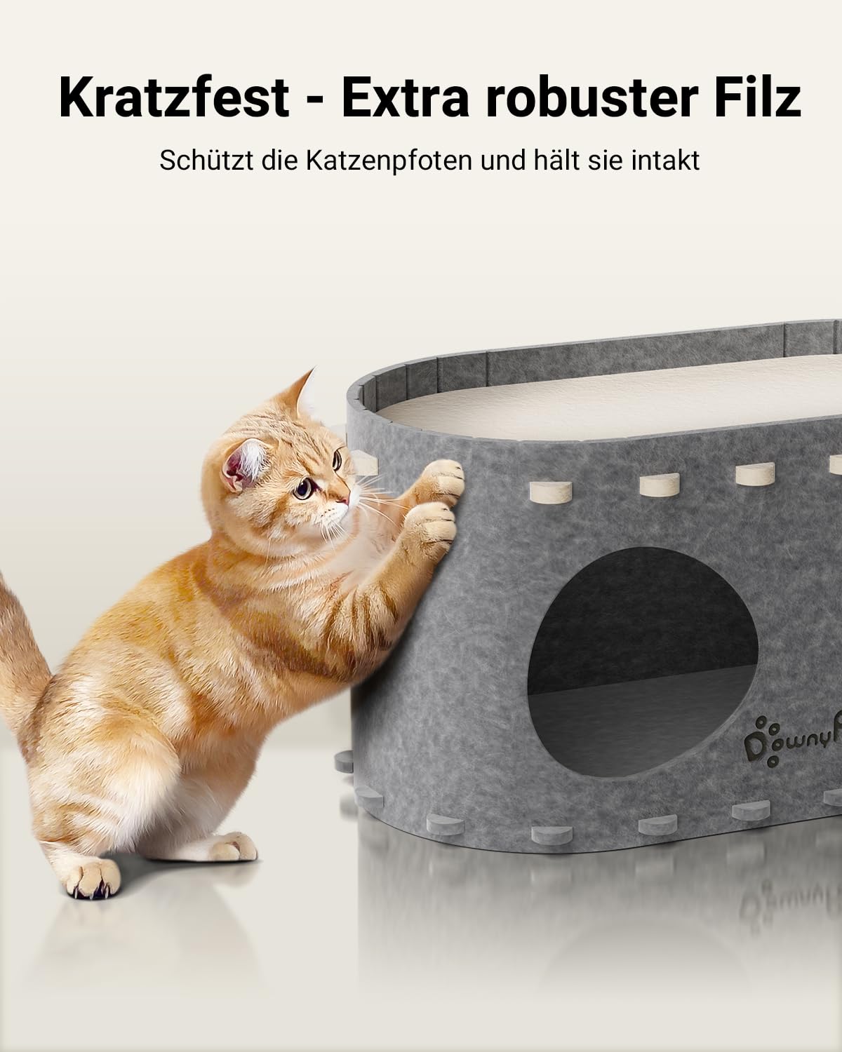 Katzenhöhle Filz, Katzenhaus aus Filz, Katzenbett, Katzenhöhle für Katzen, 58 x 33 x 30cm, Peek-a-Boo zum Spielen, Winterfest, Schutz der Katzennägel, Beige