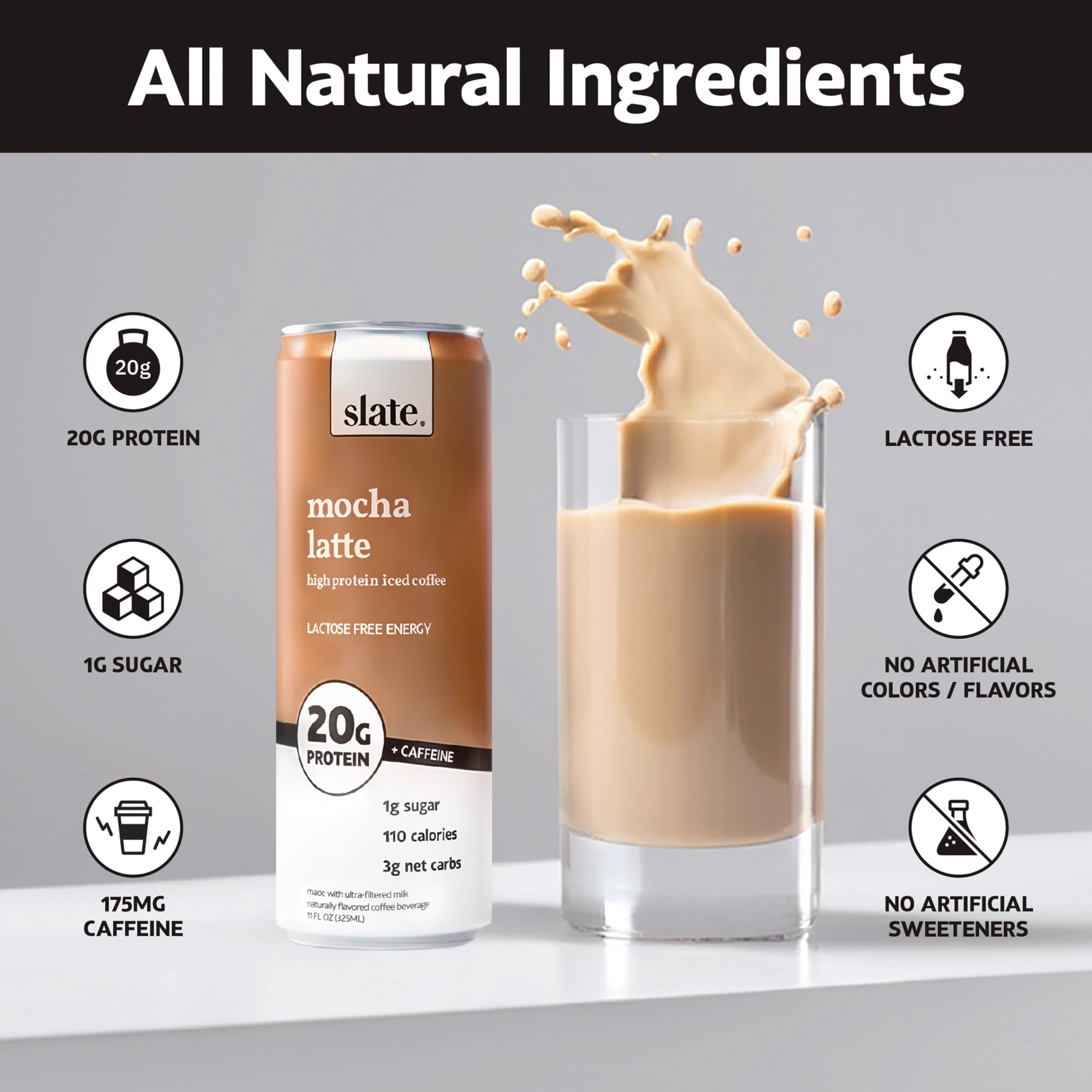 Slate Milk - High Protein Milkshake - French Vanilla - Lactose-Free, 20g Protein, 1g Sugar, 100 Calories, 1g Net Carbs, No Added Sugar - Natural, Breakfast Boost, Post Workout - 11 fl oz, 12 Cans