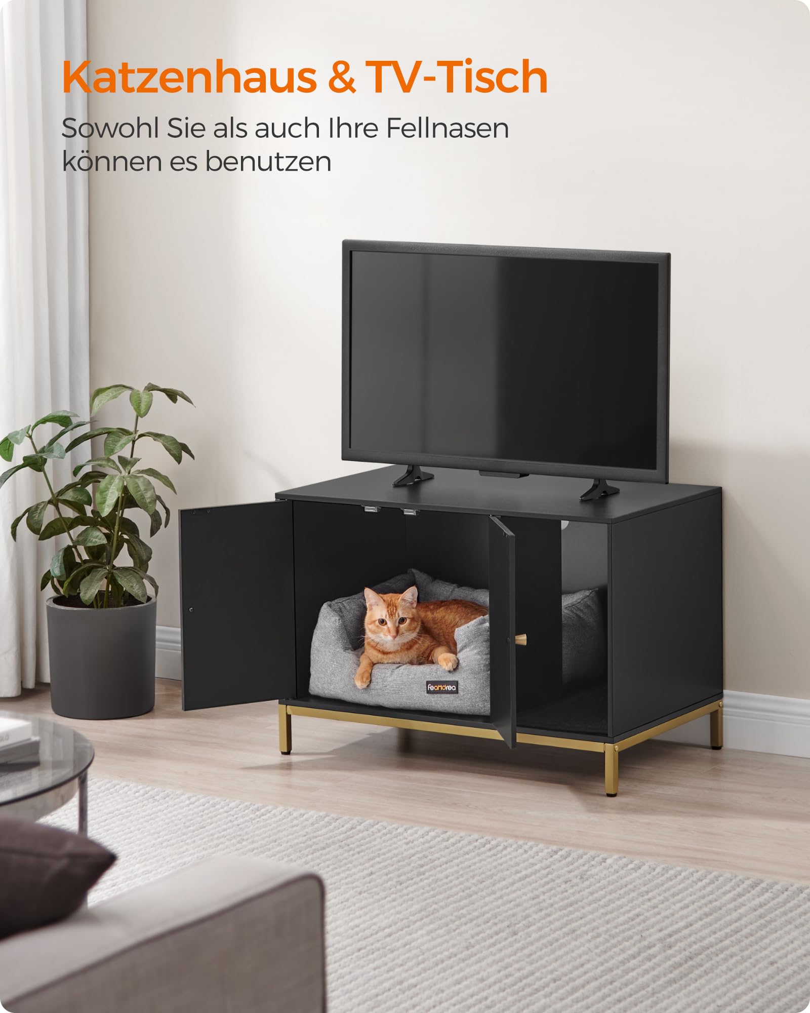Feandrea Katzenklo-Schrank, Katzenhaus, Katzentoilette, mit Kratzmatte, hohe Beine, für Katzen, Beistelltisch, 80 x 50 x 55 cm, weiß-goldfarben PCL007W01