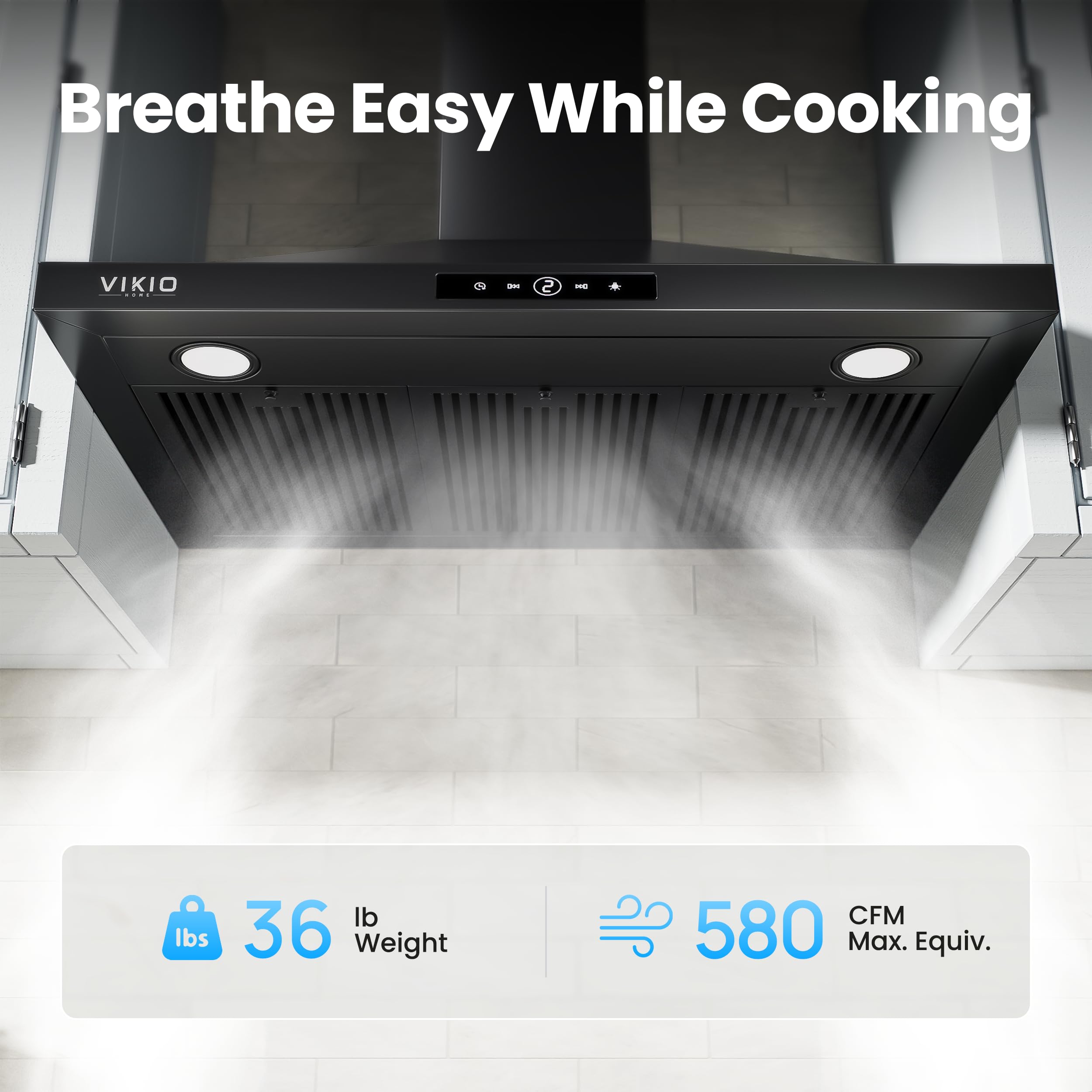 VIKIO HOME Wall Mount Range Hood 30 inch, 580 CFM, Ducted/Ductless Convertible, Stainless Steel Kitchen Vent Hood with 3-Speed Fan and LED Lights