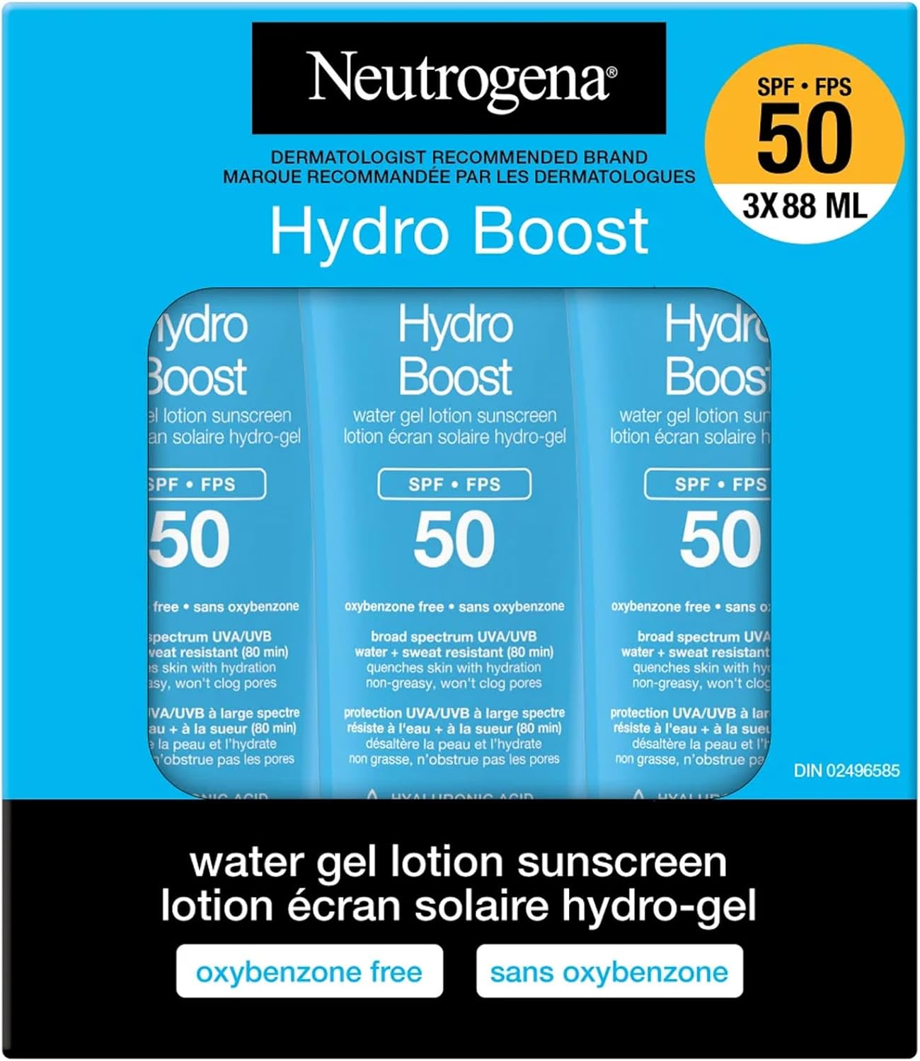 Neutrogena Hydro Boost Water Gel Lotion Sunscreen SPF 50 – 88ml | Broad Spectrum UVA/UVB Protection, Water & Sweat Resistant (80 min), Hydrating & Non-Greasy, Won’t Clog Pores