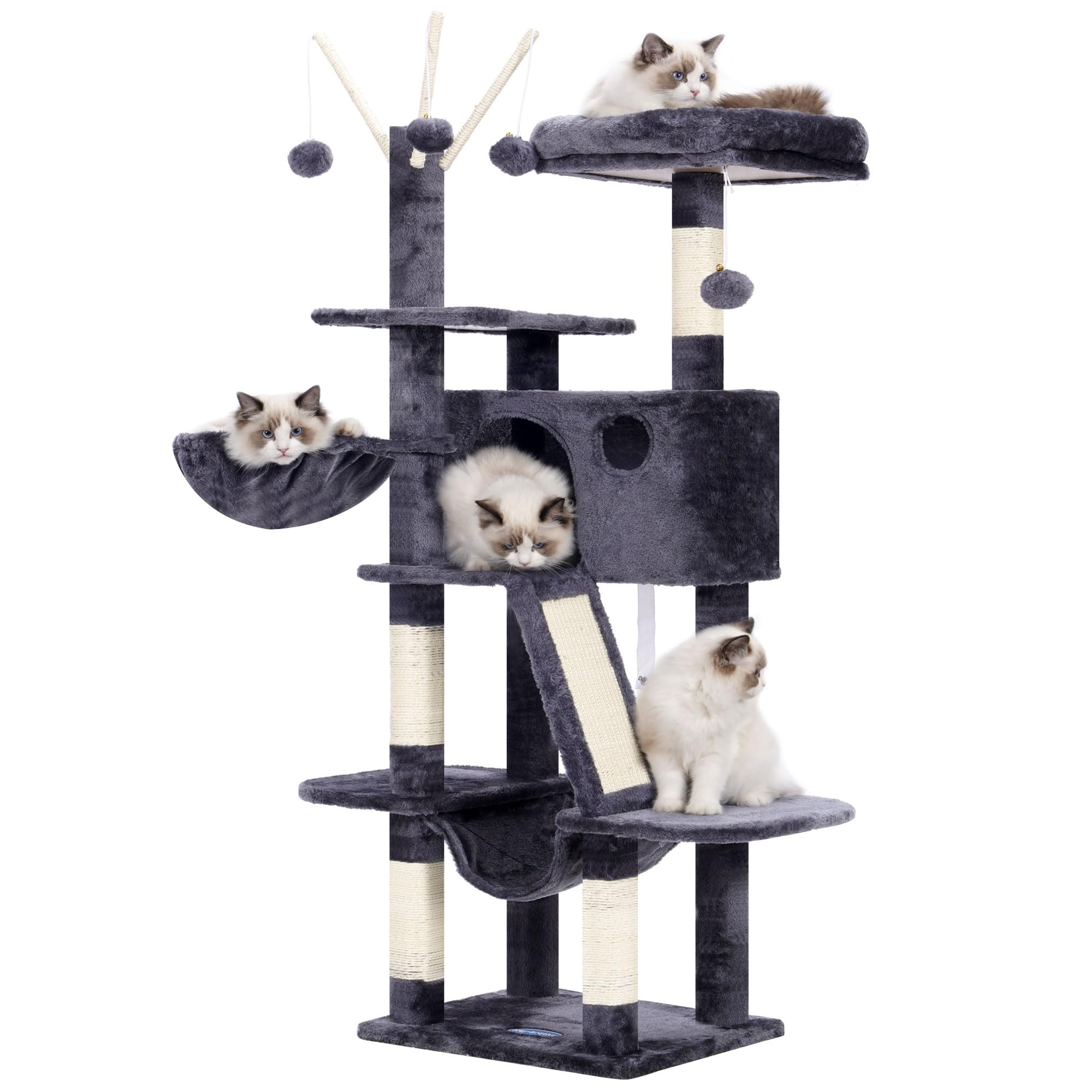 Hey-Brother Kratzbaum, 135 cm Indoor Katzenbaum, Mit gepolsterter Plattform Bett, Spielzeug Ball, Höhlen, Hängematte und Sisal Kratzbaum Katzenhaus, Hellgrau MPJ019-SW