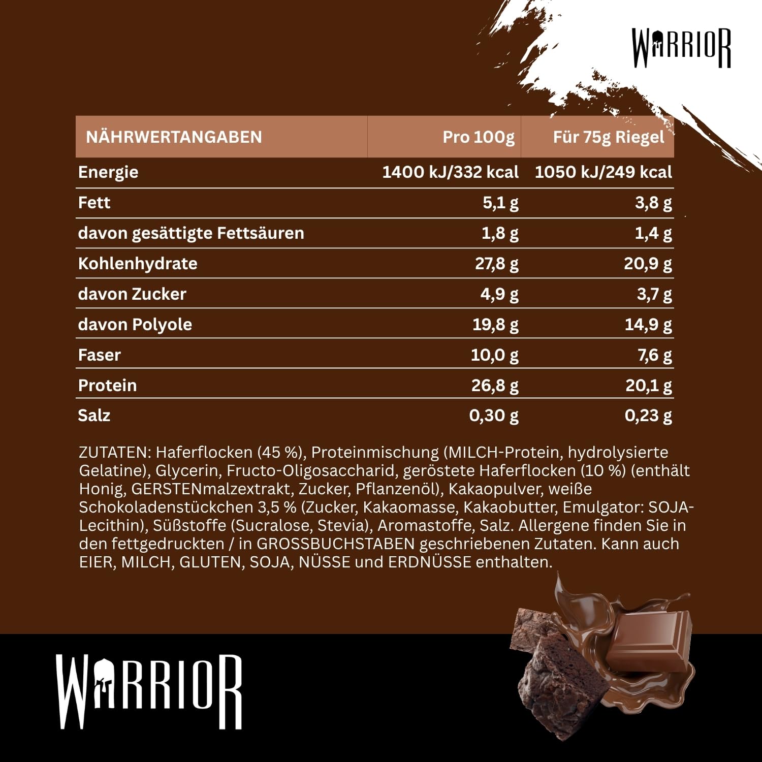 Warrior Raw Proteinriegel 12 x 75 g – Ballaststoffreicher Haferriegel mit Protein, High Protein Snack ohne Zucker, Natürlicher Haferflocken Riegel mit Präbiotika – Schoko-Brownie
