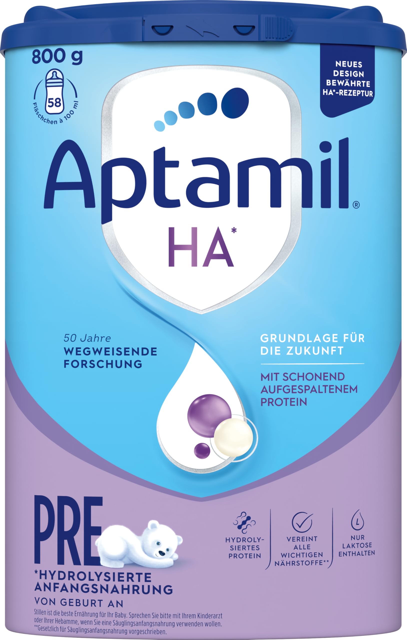 Aptamil HA PRE – Anfangsmilch von Geburt an, Mit DHA, Nur Laktose, Ohne Palmöl, Babynahrung, Milchpulver, 1 x 800 g