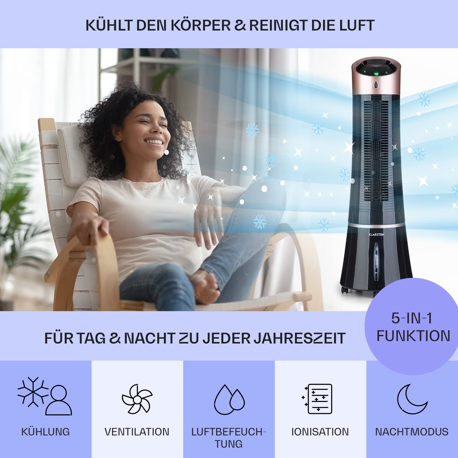 Klarstein Luftkühler mit Wasserkühlung, 5-in-1 Verdunstungskühler, Luftbefeuchter, Ventilator, Luftreiniger & Nachtmodus, Mobile Klimageräte Luftkühler 6L, 45 Watt Air Cooler, 180 m³/h Luftstrom