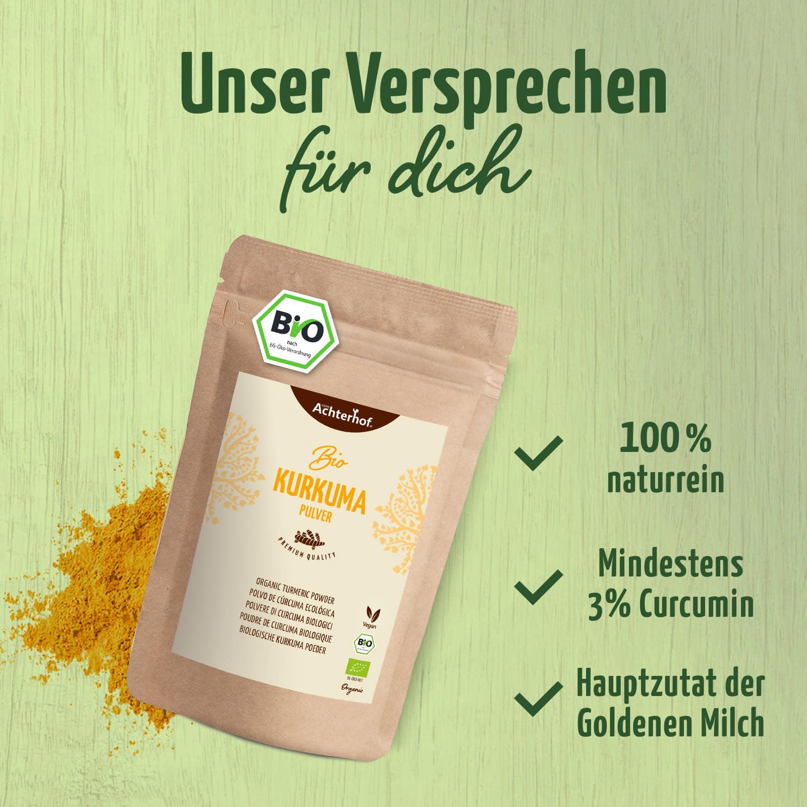 Kurkuma Pulver 1000g | fein gemahlene Kurkumawurzel in Bio-Qualität | Ideal zur Zubereitung einer Goldenen Milch, als Zugabe in Tee, asiatischen Gerichten, würzigen Suppen & Co | vom Achterhof