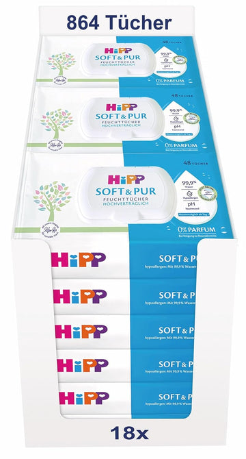 HiPP Soft & Pur Feuchttücher, 864 Stück (18 x 48), hochverträglich, 99,9 % Wasser, ohne Parfum, ideal für trockene, hochsensible Babyhaut, auch bei Neurodermitis-Neigung