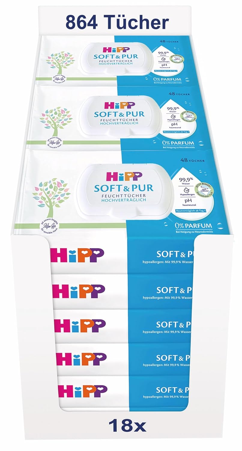 HiPP Soft & Pur Feuchttücher, 864 Stück (18 x 48), hochverträglich, 99,9 % Wasser, ohne Parfum, ideal für trockene, hochsensible Babyhaut, auch bei Neurodermitis-Neigung