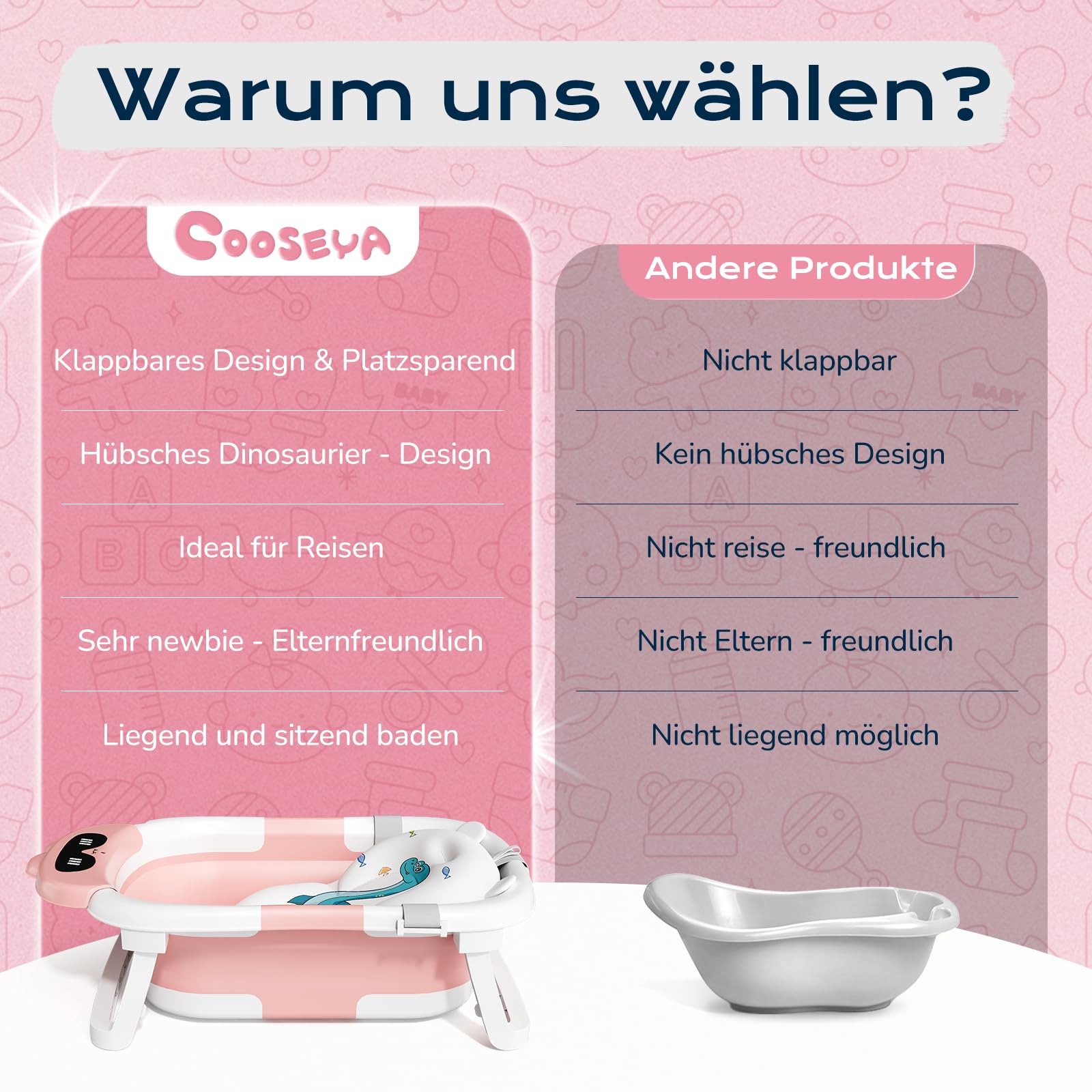 COOSEYA Baby Badewanne für 0-18 Monate, Faltbare Babywanne mit Babybadewanne Stützkissen, Portable Baby Bathtub als Wesentliche Artikel für Neugeborene und Kleinkind, Dinosaurier - Design (Grau)