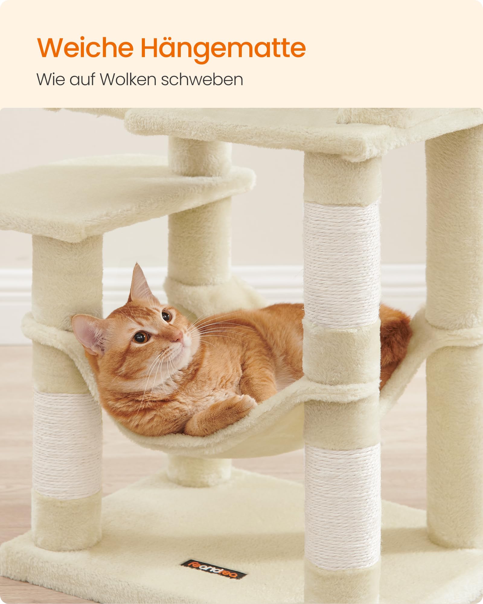 Feandrea Kratzbaum, 143 cm hoch, Katzenbaum, mehrstöckiges Katzenhaus, mit 4 Kratzsäulen, 2 Plattformen, Hängematte, Höhle, hellgrau PCT161W01