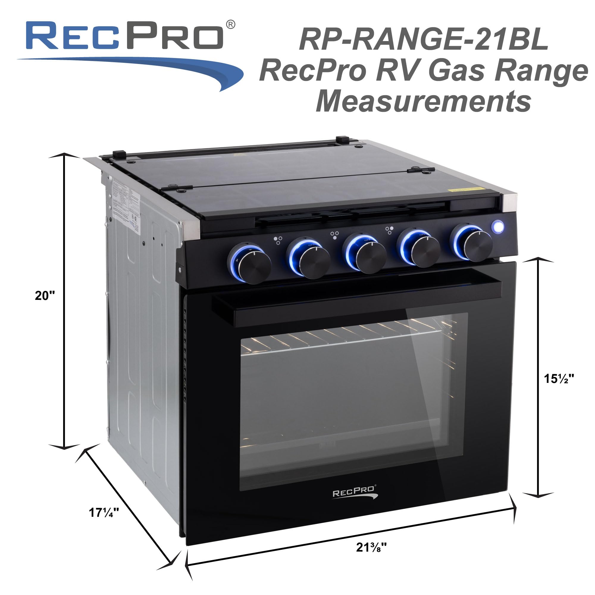 RecPro RV Stove | Gas Range 21" Tall | Optional Vented Range Hood | 3 Burner | 1.8 Cu. Ft | 7100 BTU | Black or Silver Color Options (Silver, No Vented Range Hood)