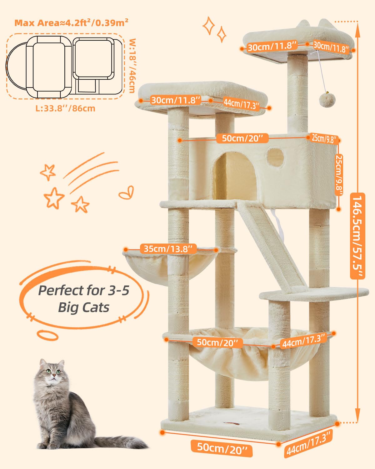 Taoqimiao 180CM Kratzbaum Groß, Katzenbaum Katzen Kratzbaum Grosse Katzen Stabil mit 2 Katzenhaus, Metallhängematte, Korb, 8 Kratzsäulen, Katzenkratztafel, MS026LM Beige