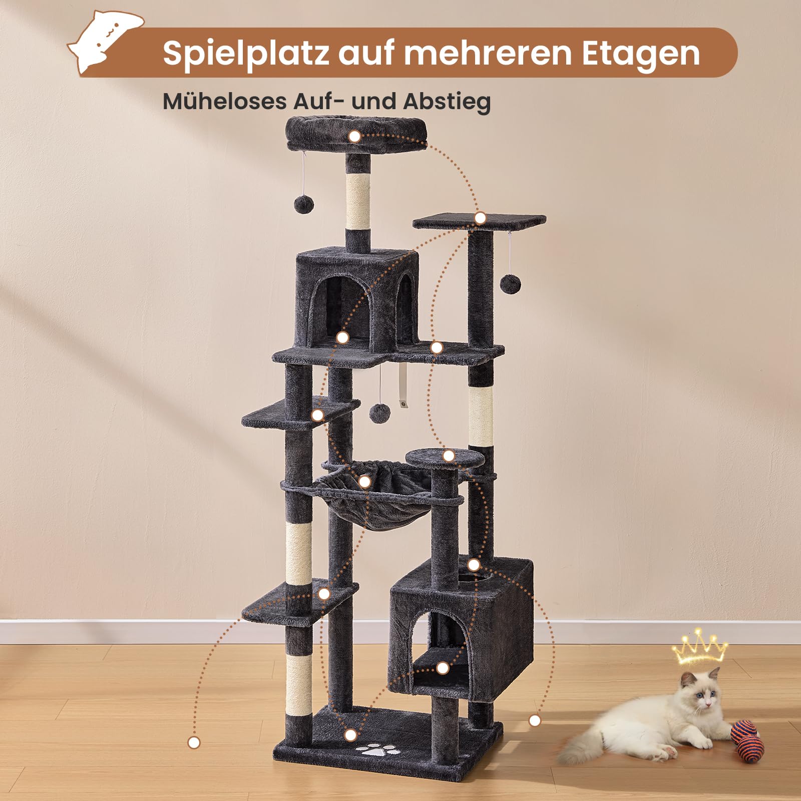 MSmask Kratzbaum groß, L Katzenbaum Stabil, Katzenkratzbaum mit 2 Plattformen, 2 Katzenhöhlen, Hängematte, Sisalsäulen, mehrstöckiger Kletterbaum für Katzen (Hellgrau, 160 cm)