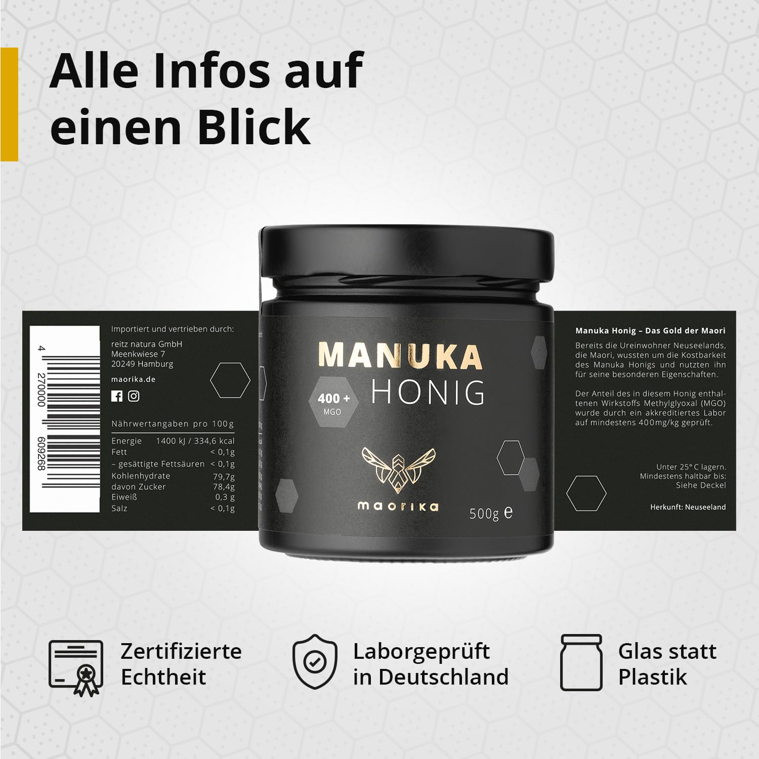 maorika - Manuka Honig 400 MGO + 250g im Glas (lichtundurchlässig, kein Plastik) - laborgeprüft, zertifiziert aus Neuseeland