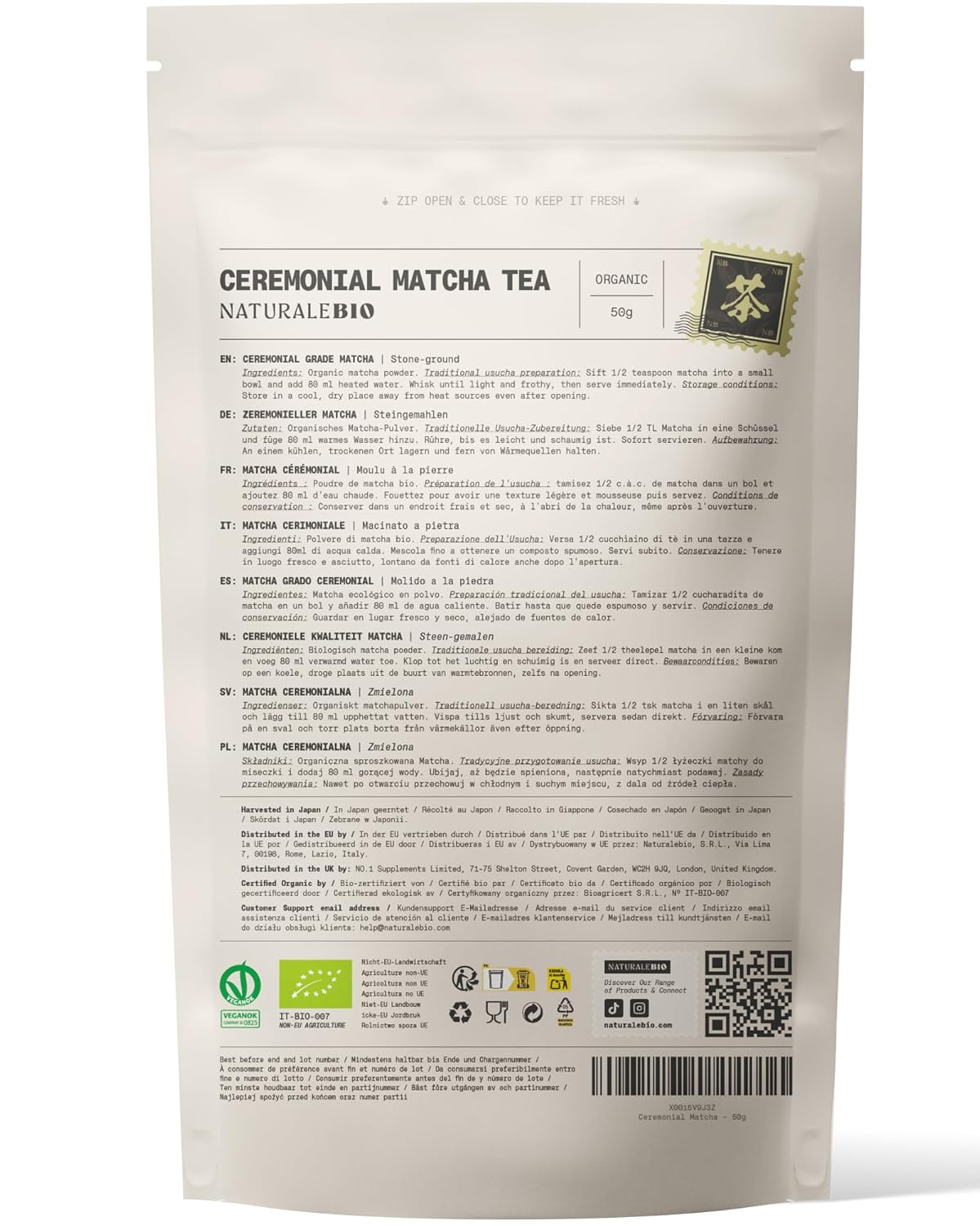 NaturaleBio Matcha Tee Pulver Bio - Premium-Qualität - 100g. Original Green Tea aus Japan. Japanischer ideal zum Trinken. Grüntee für Latte, Smoothies Getränk. Hergestellt in Uji, Kyoto.
