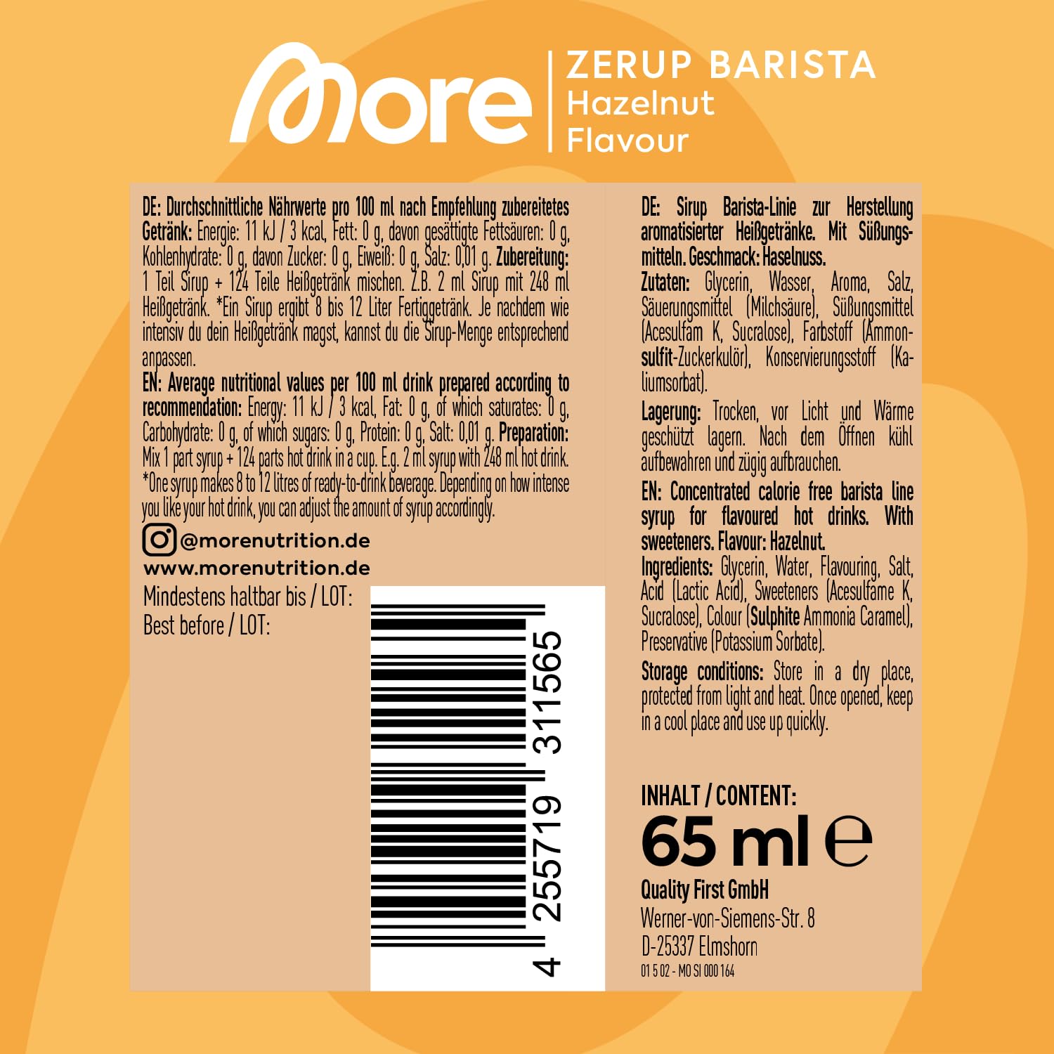 MORE Barista Zerup, Vanilla, 65 ml, für Kaffee, Tee und Heißgetränke, vegan, zero Kalorien - made in Germany