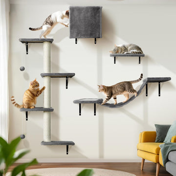 Kletterwand Katzen 10-teilig, Wandmontage Katzenmöbel Set mit Katzenbrücke, Katzenhaus, Kratzbaum & Hängematte, Stabiler Katzentreppe bis 10 kg, Beige