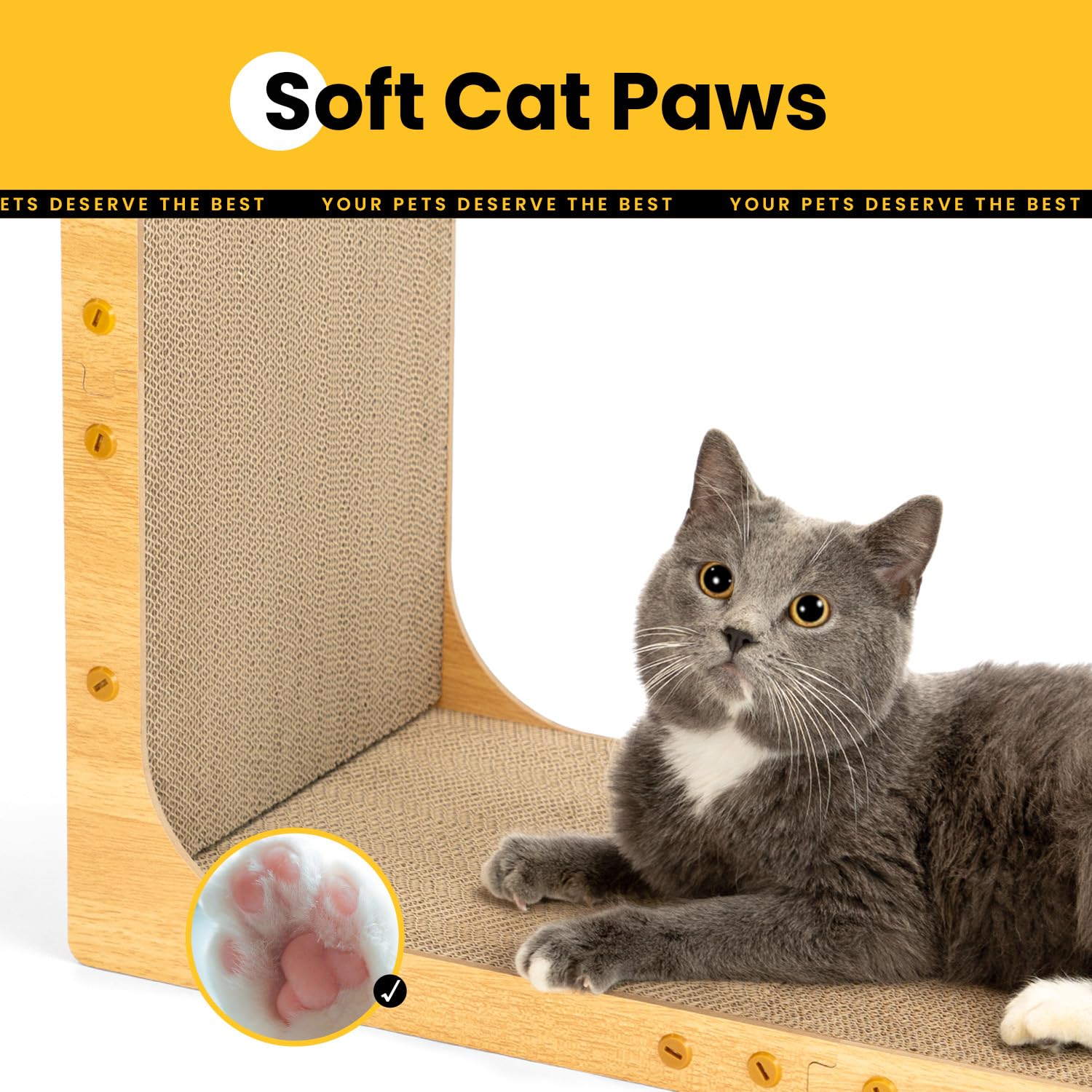 Conlun Kratzbrett für Katzen, 58 cm L-förmige Wandmontage, vertikale Kratzfläche, strapazierfähige Pappe zum Möbelschutz für Wohnungskatzen, Groß,Holzoptik